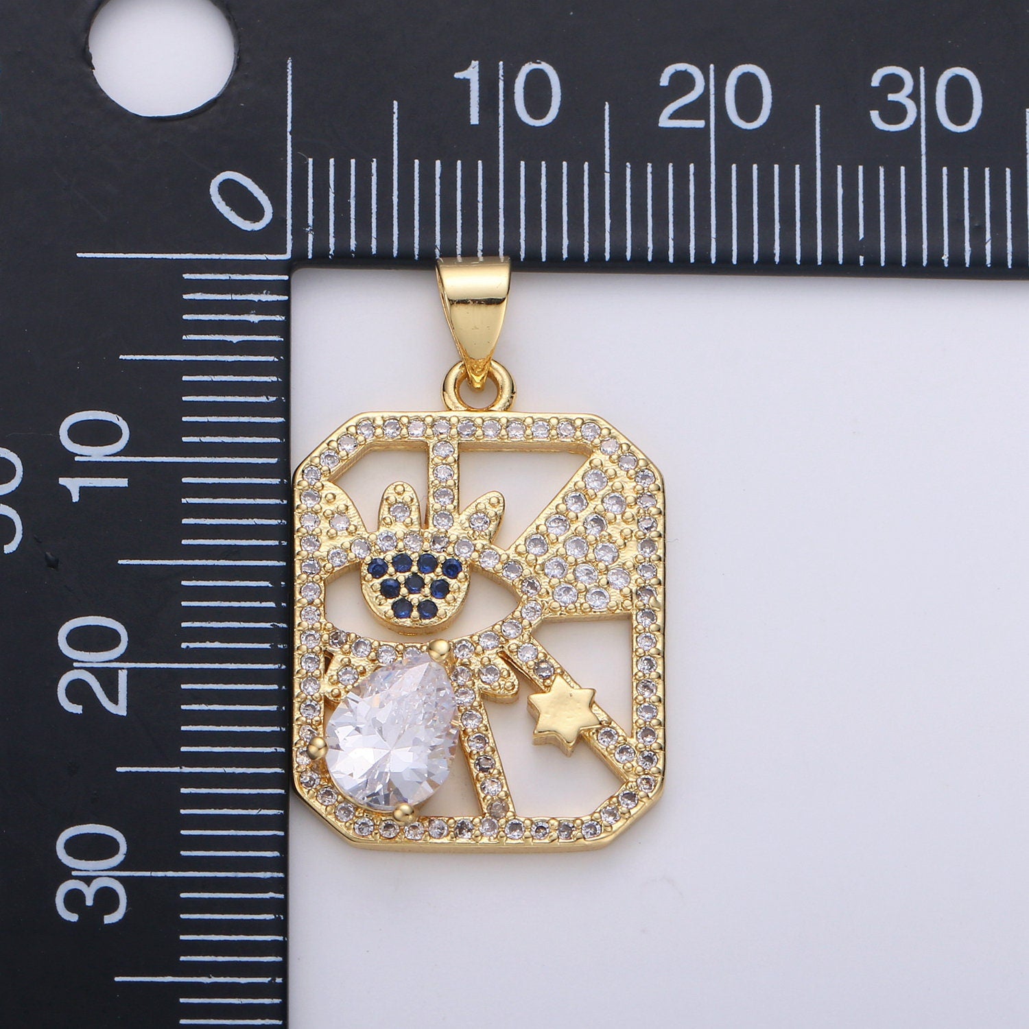 24k Gold Micro Pave CZ Evil Eye Pendant Charm, Square Evil Eye Star Micro Pave CZ Pendant Charm, For DIY Jewelry