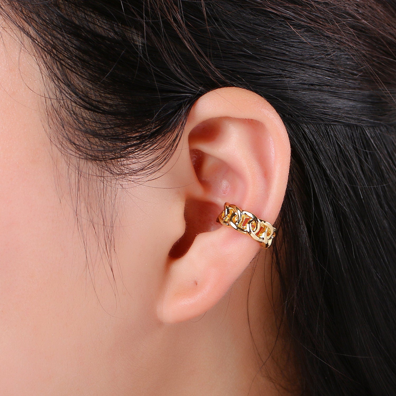 1Pcs 24K Gold Earcuff Earring, One Curb Chain Cuff, Nonpierced Earcuff for Cartilage, Single Earring, Minimalist ear cuff, EARCUFF- 79