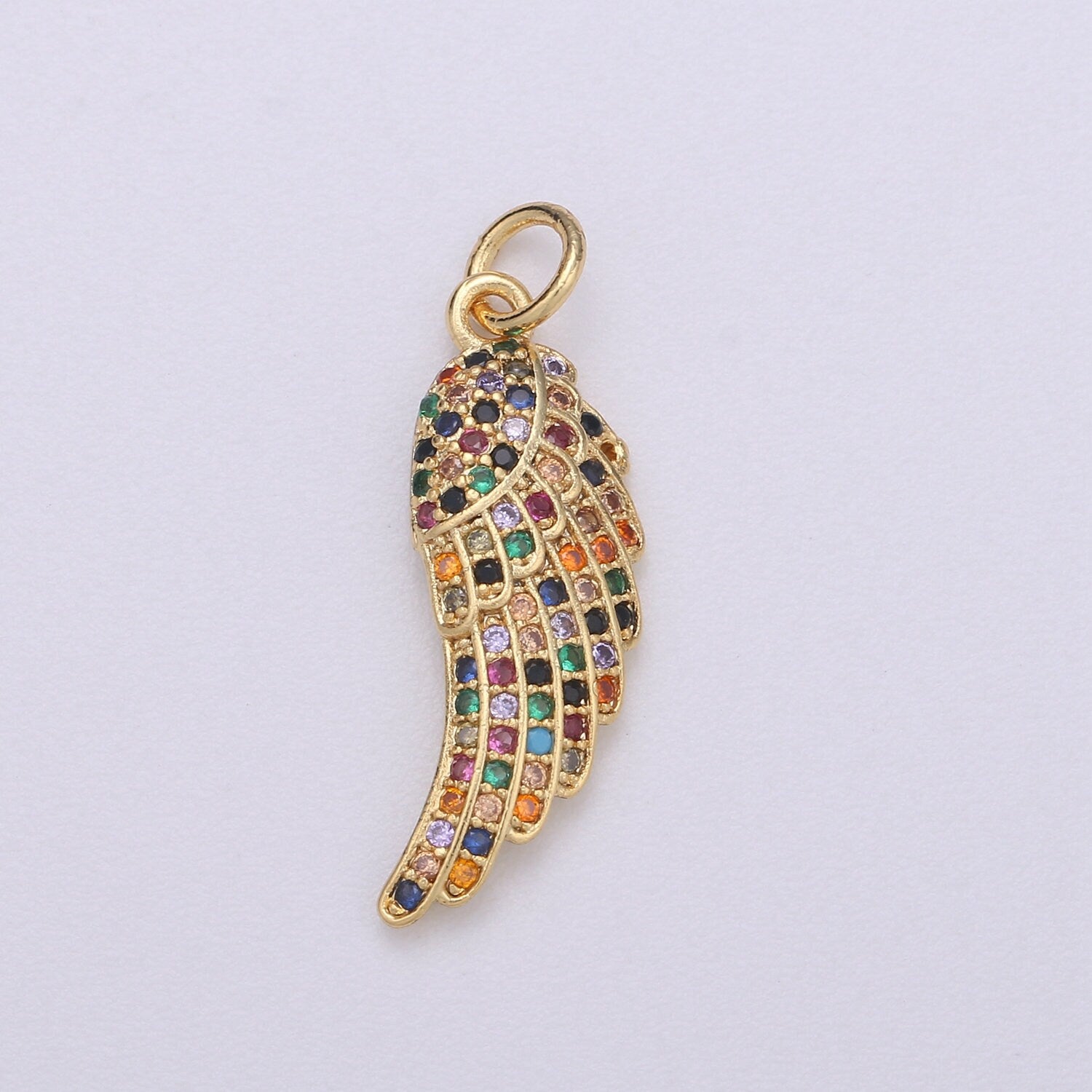 14k Gold Wing Charm Micro Pave Angel Charm, Rainbow Cubic Charms, CZ Gold Colorful Charm, Dainty Minimalist Jewelry Supply