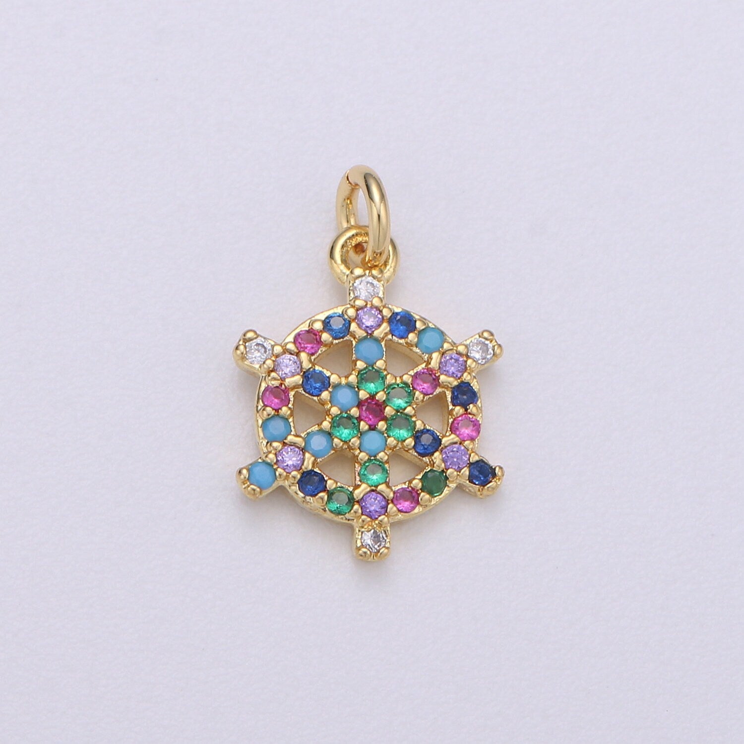14k Gold Nautical Charm Micro Pave Sailor Charm, Rainbow Cubic Charms, CZ Gold Colorful Charm, Dainty Minimalist Jewelry Supply