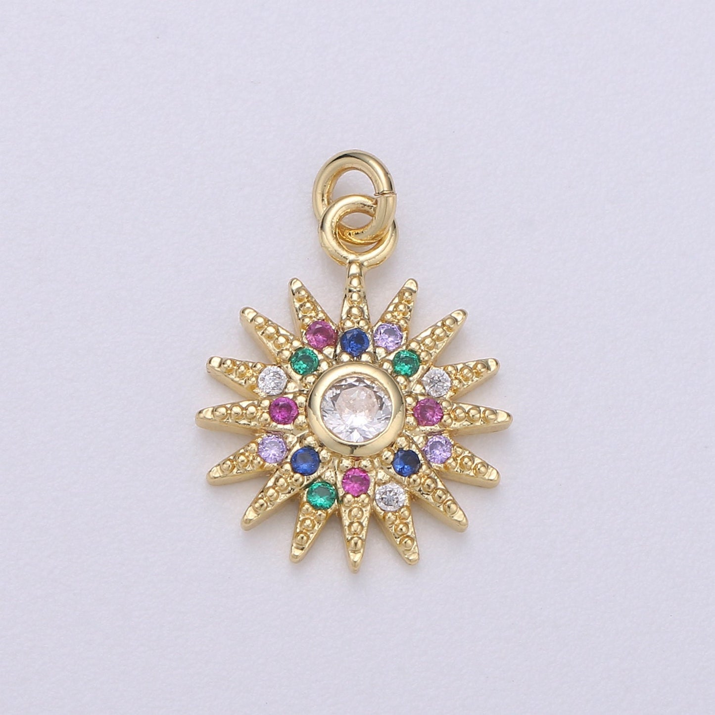 14k Gold Sun Charm Micro Pave Sun Burst Charm, Rainbow Cubic Charms, CZ Gold Celestial Charm, Dainty Minimalist Jewelry Supply