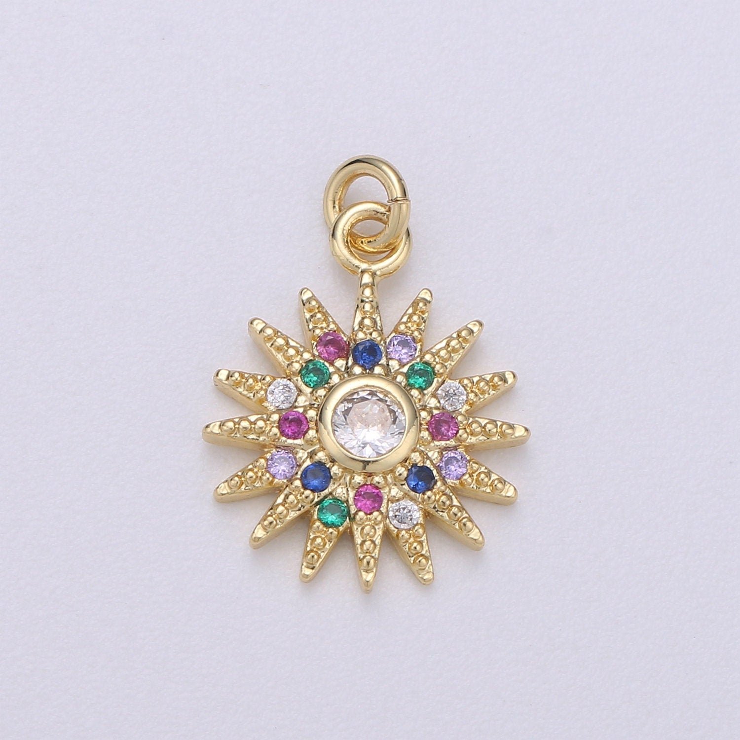 14k Gold Sun Charm Micro Pave Sun Burst Charm, Rainbow Cubic Charms, CZ Gold Celestial Charm, Dainty Minimalist Jewelry Supply