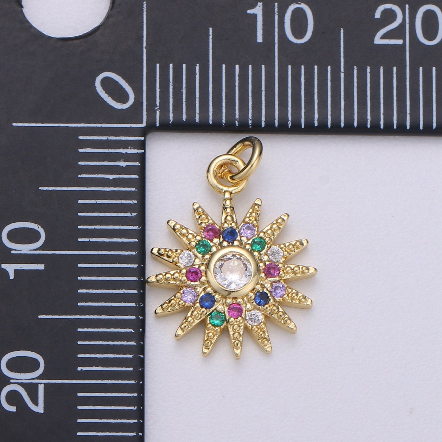14k Gold Sun Charm Micro Pave Sun Burst Charm, Rainbow Cubic Charms, CZ Gold Celestial Charm, Dainty Minimalist Jewelry Supply