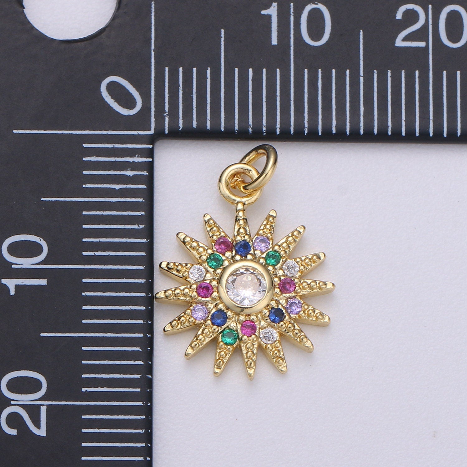 14k Gold Sun Charm Micro Pave Sun Burst Charm, Rainbow Cubic Charms, CZ Gold Celestial Charm, Dainty Minimalist Jewelry Supply
