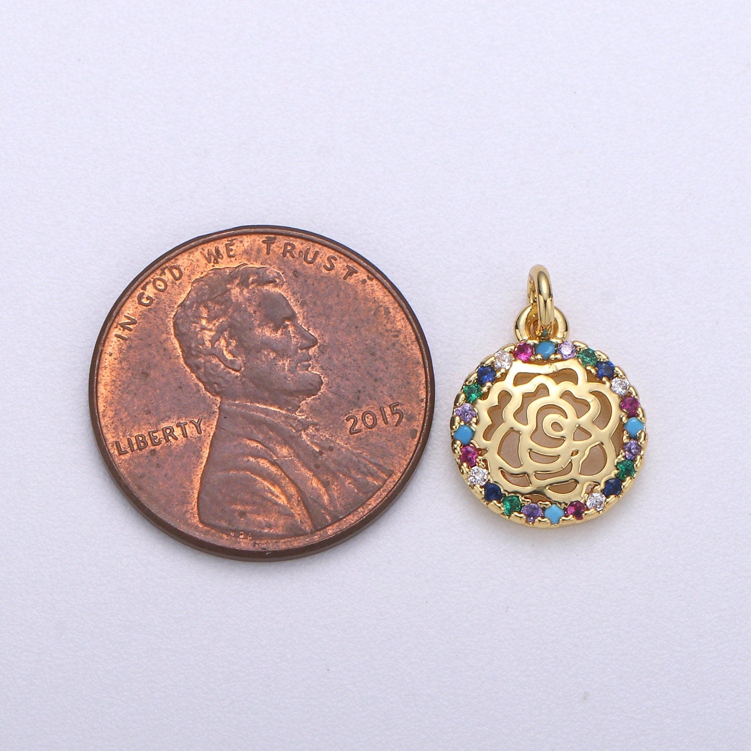 Gold Rose Charm Micro Pave Flower Charm, Rainbow Cubic Charms, CZ Gold Colorful Floral Charm, Dainty Minimalist Jewelry Supply C-460