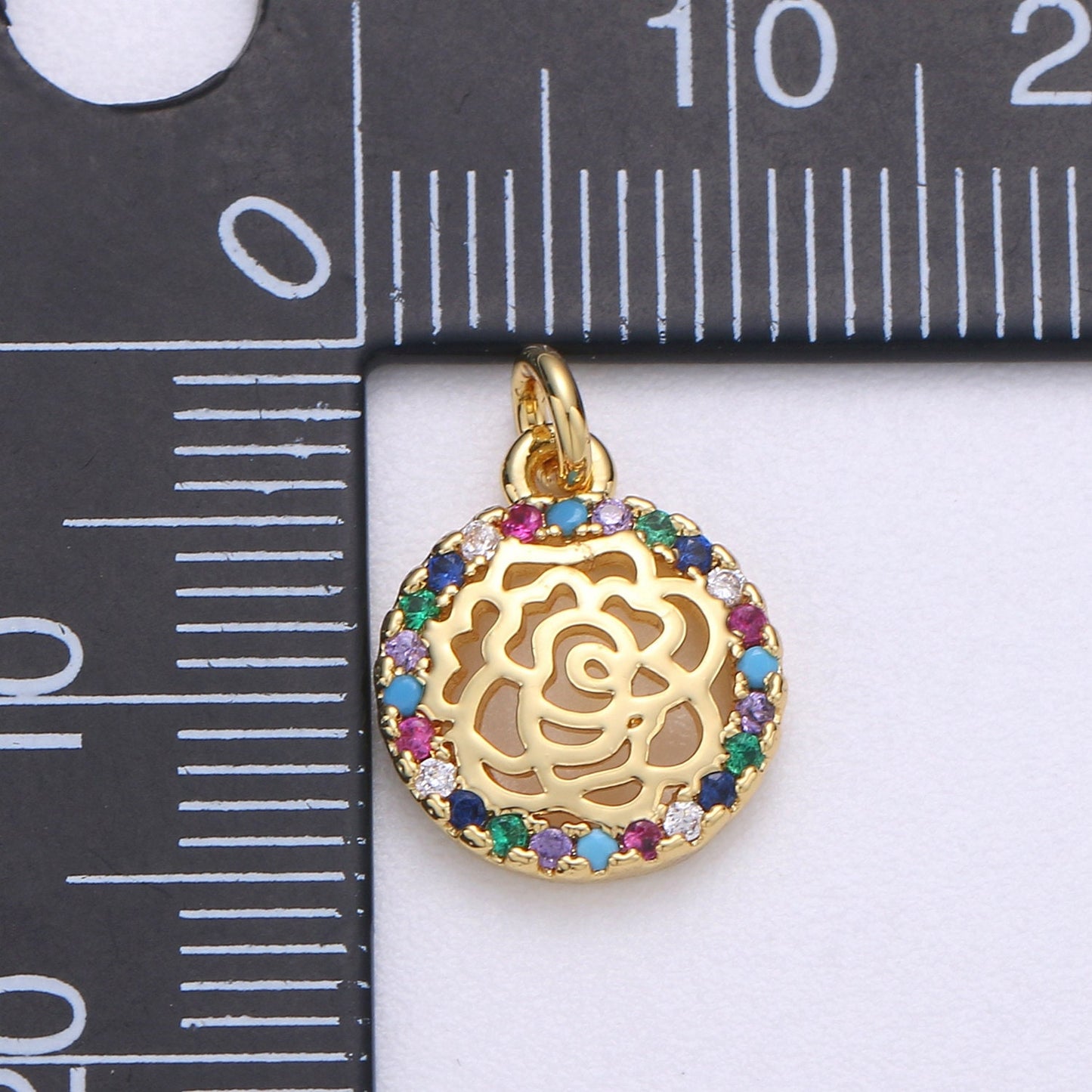 Gold Rose Charm Micro Pave Flower Charm, Rainbow Cubic Charms, CZ Gold Colorful Floral Charm, Dainty Minimalist Jewelry Supply C-460