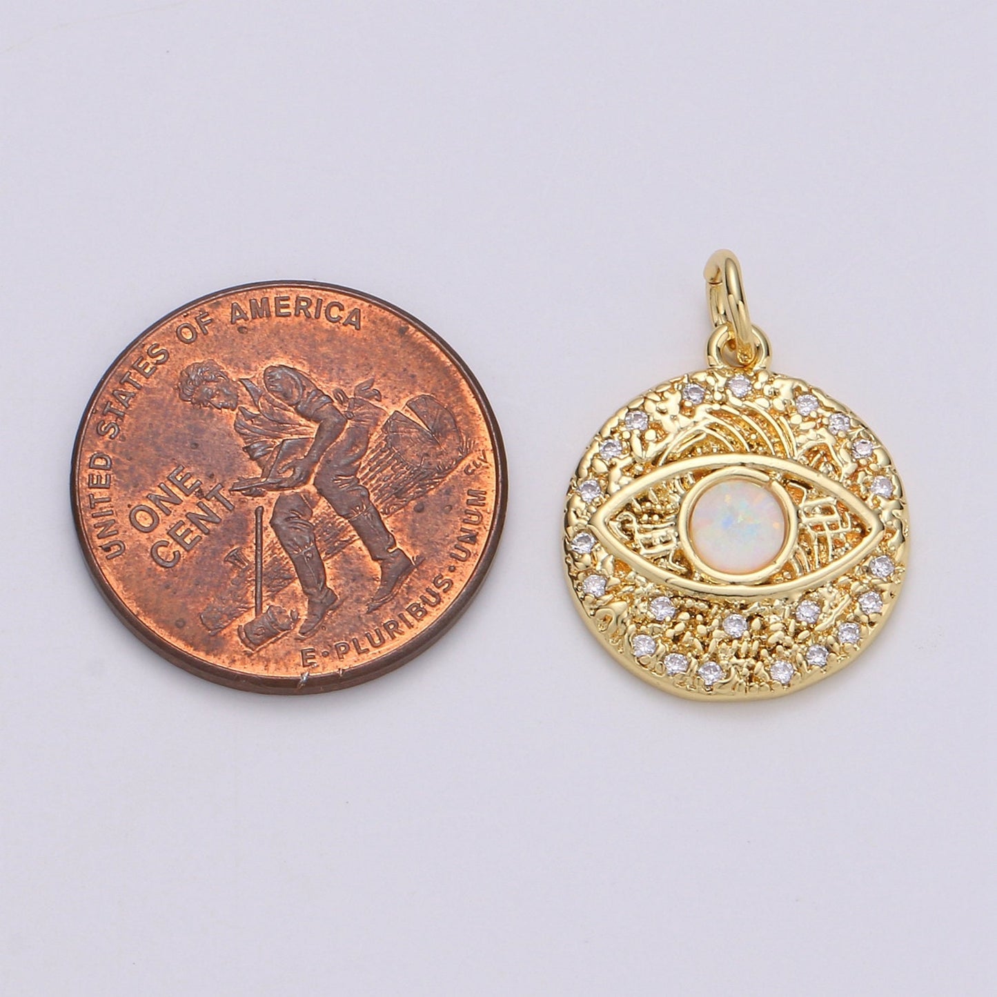 1Pcs Micro Pave Gold Evil Eye White or Blue Opal Charm 24K Round Disc Charm for Necklace Earring Bracelet Component, chgf-706