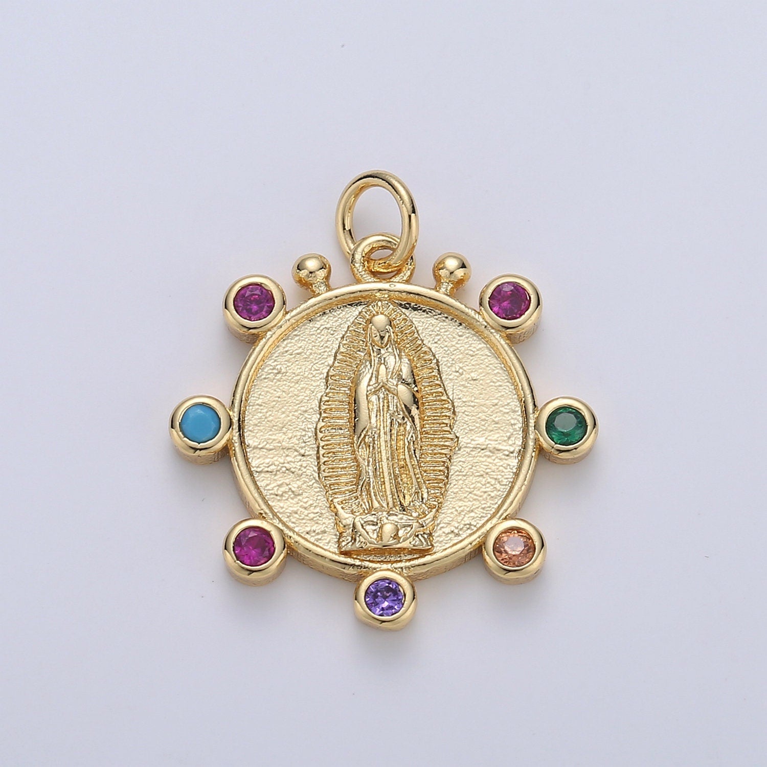 Rainbow 24K Gold CZ Virgin Mary Pendant, Lady Guadalupe Round Disc Charm Mary Medallion, Rosary Charm Religious Jewelry