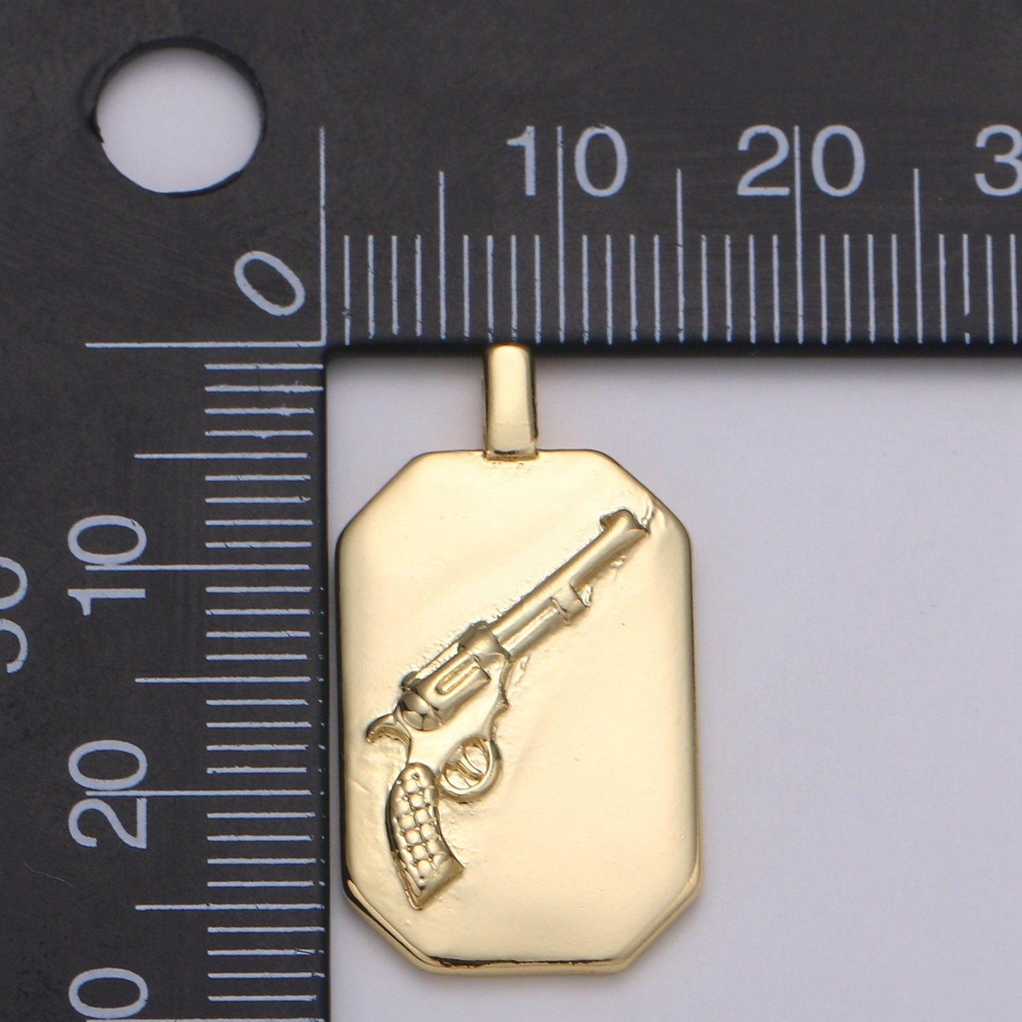 14K Gold Gun Charm- Rectangle Medallion Gun Pendant - Dainty Charm - for Necklace Bracelet Earring Component