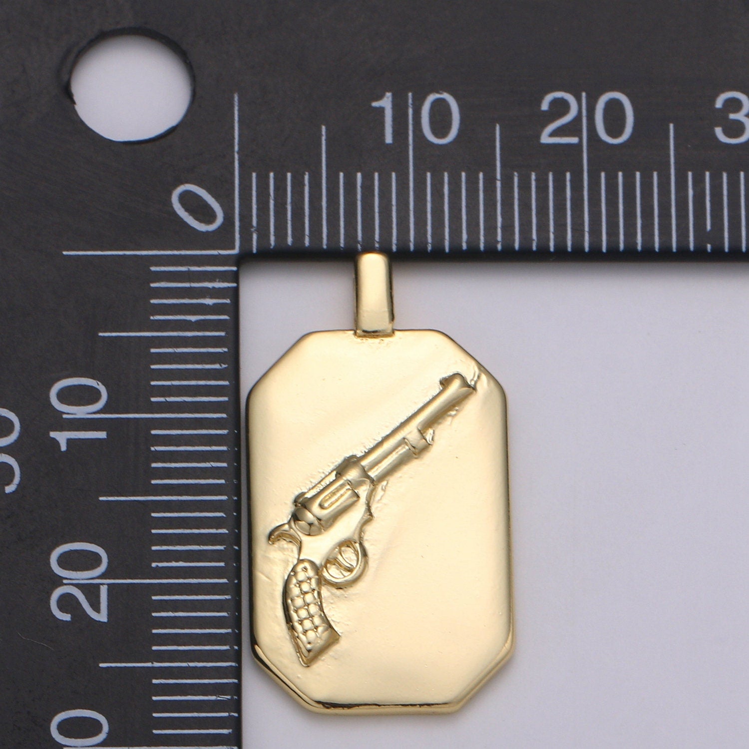 14K Gold Gun Charm- Rectangle Medallion Gun Pendant - Dainty Charm - for Necklace Bracelet Earring Component