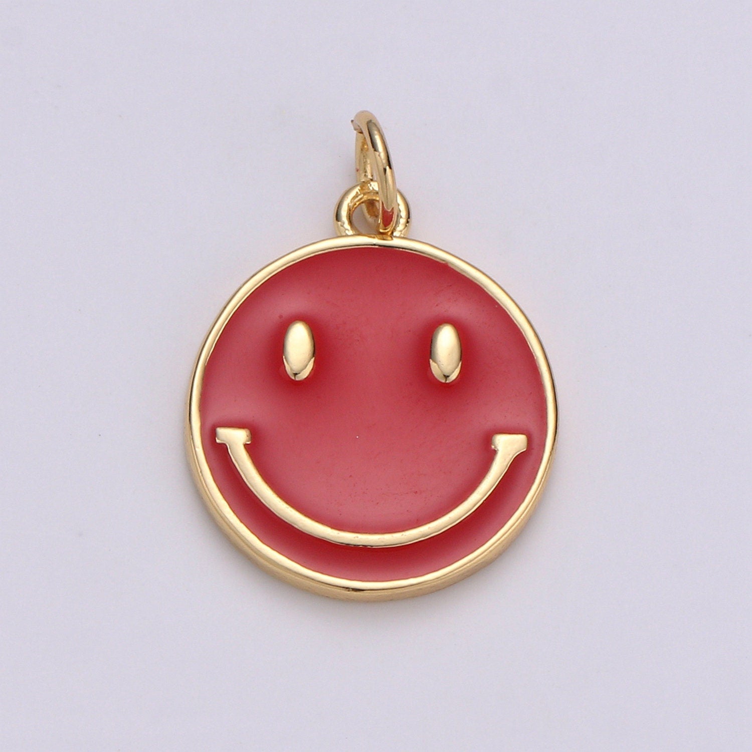 1pc Red Enamel Happy Face Charm, Gold Enamel Happy Face Charms, Red Happy Face in Gold Round Charm, Dainty Smile charm, Enamel Charm