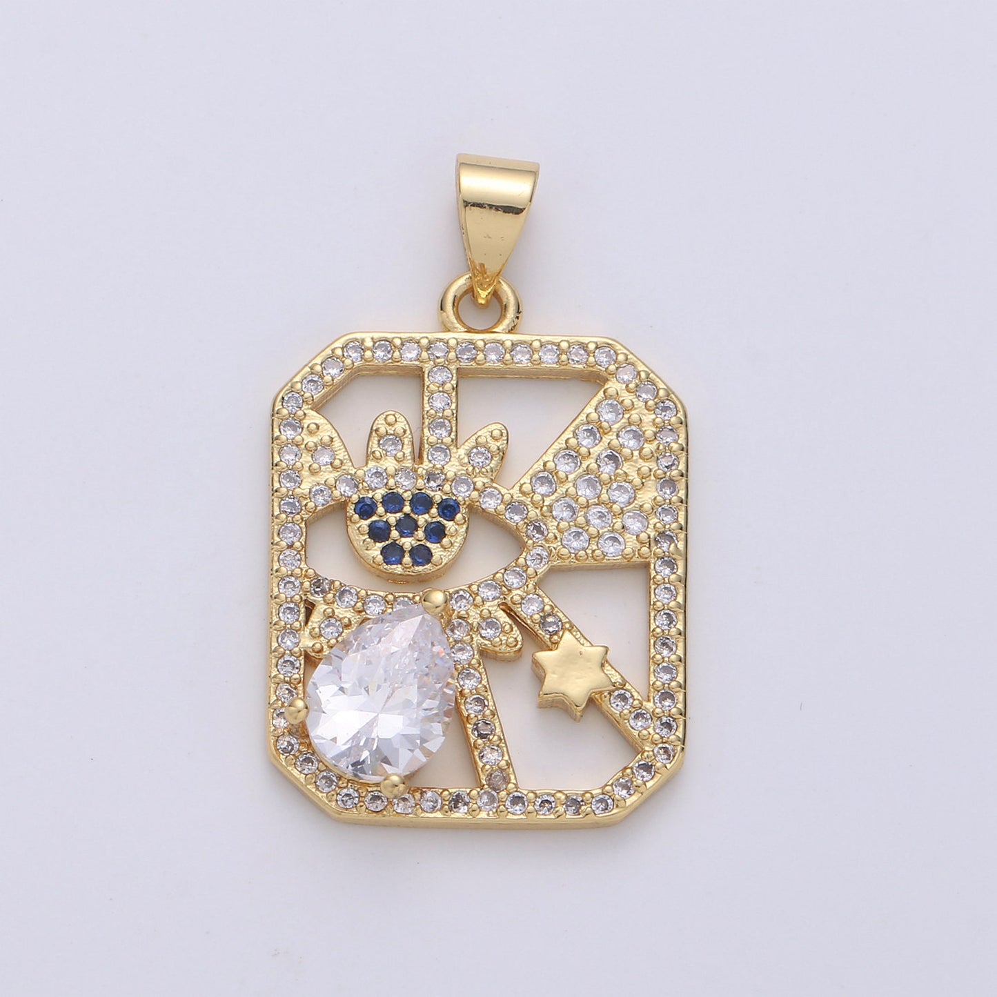 24k Gold Micro Pave CZ Evil Eye Pendant Charm, Square Evil Eye Star Micro Pave CZ Pendant Charm, For DIY Jewelry