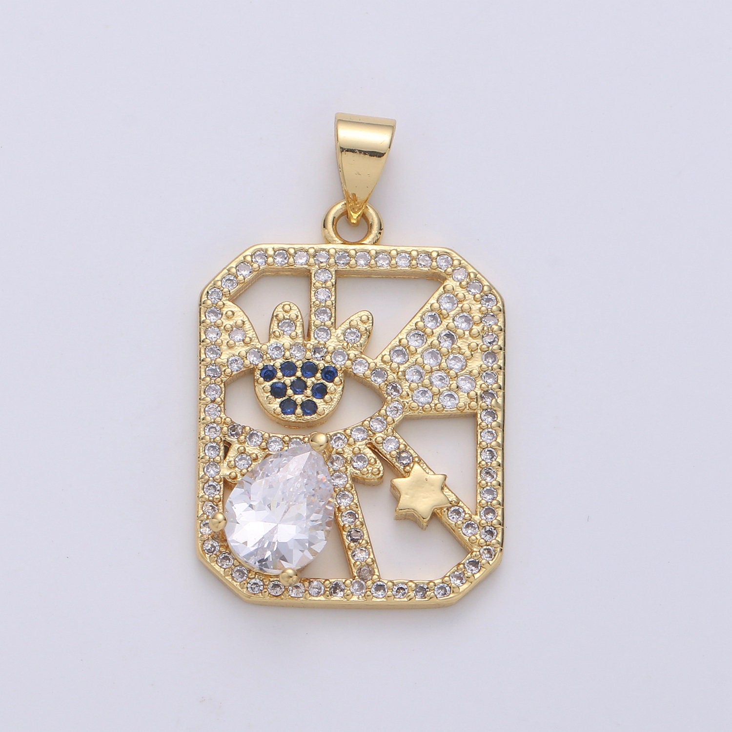 24k Gold Micro Pave CZ Evil Eye Pendant Charm, Square Evil Eye Star Micro Pave CZ Pendant Charm, For DIY Jewelry