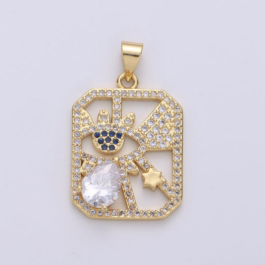 24k Gold Micro Pave CZ Evil Eye Pendant Charm, Square Evil Eye Star Micro Pave CZ Pendant Charm, For DIY Jewelry