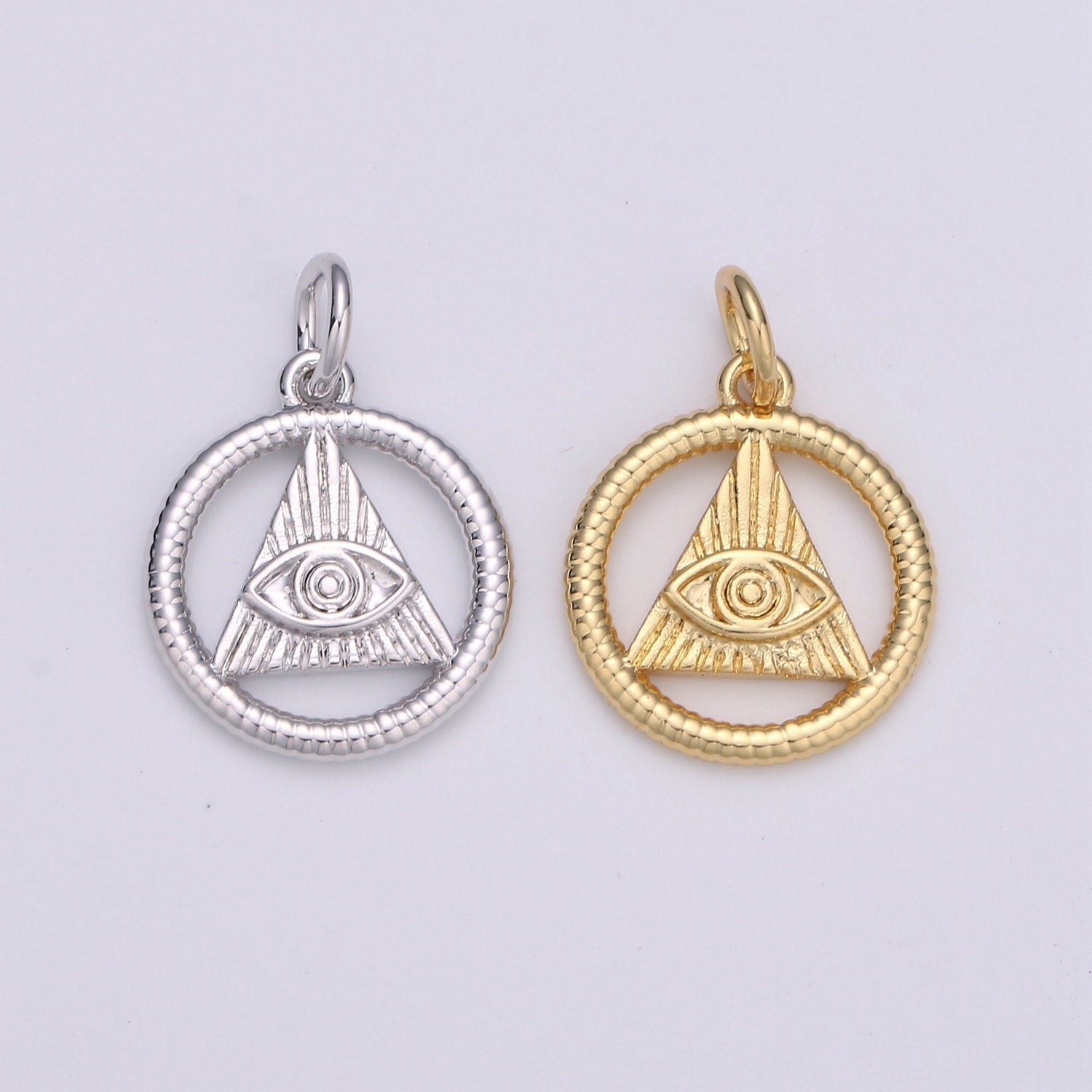 24k Gold and Silver Evil eye Triangle Charm, Circle Evil Eye Charm, , Gold Evil Eye Charm