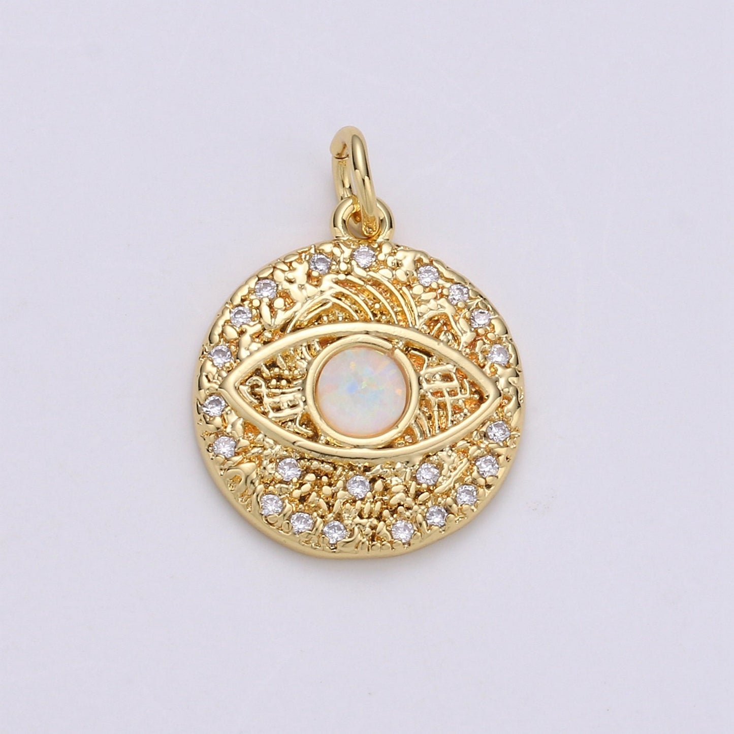 1Pcs Micro Pave Gold Evil Eye White or Blue Opal Charm 24K Round Disc Charm for Necklace Earring Bracelet Component, chgf-706