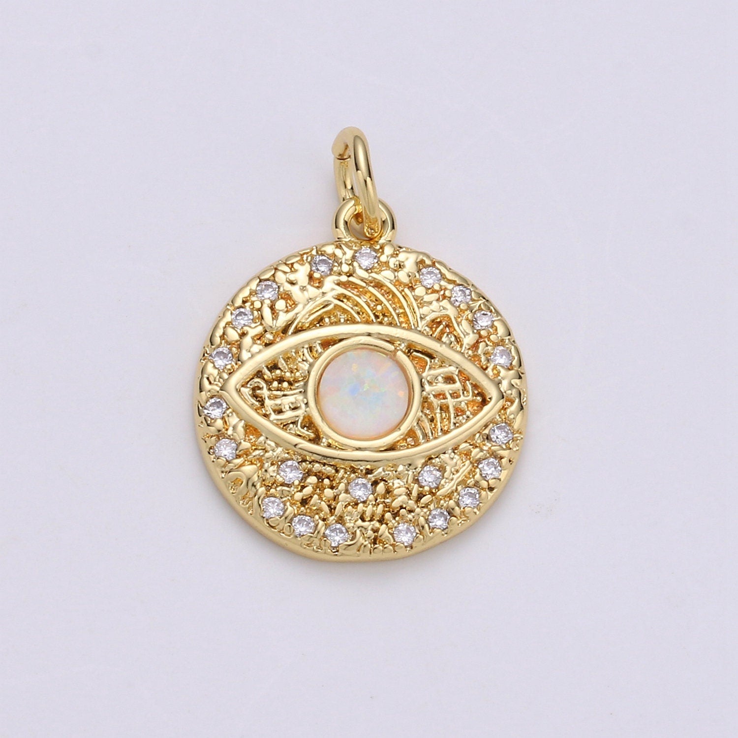 1Pcs Micro Pave Gold Evil Eye White or Blue Opal Charm 24K Round Disc Charm for Necklace Earring Bracelet Component, chgf-706