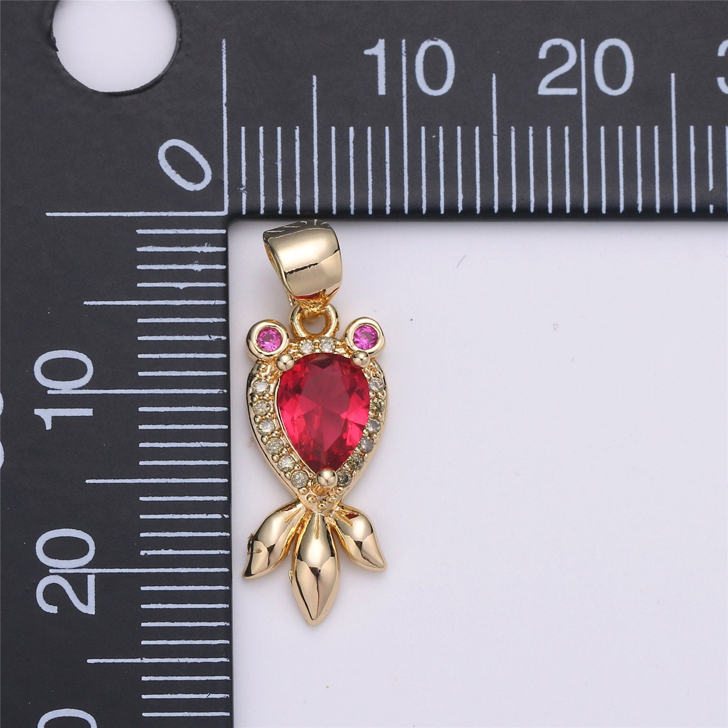 1pc 14k Gold Micro Pave CZ Gold Fish Pendant Charm, Red CZ Pendant Charm, Fish Pendant, For DIY Jewelry