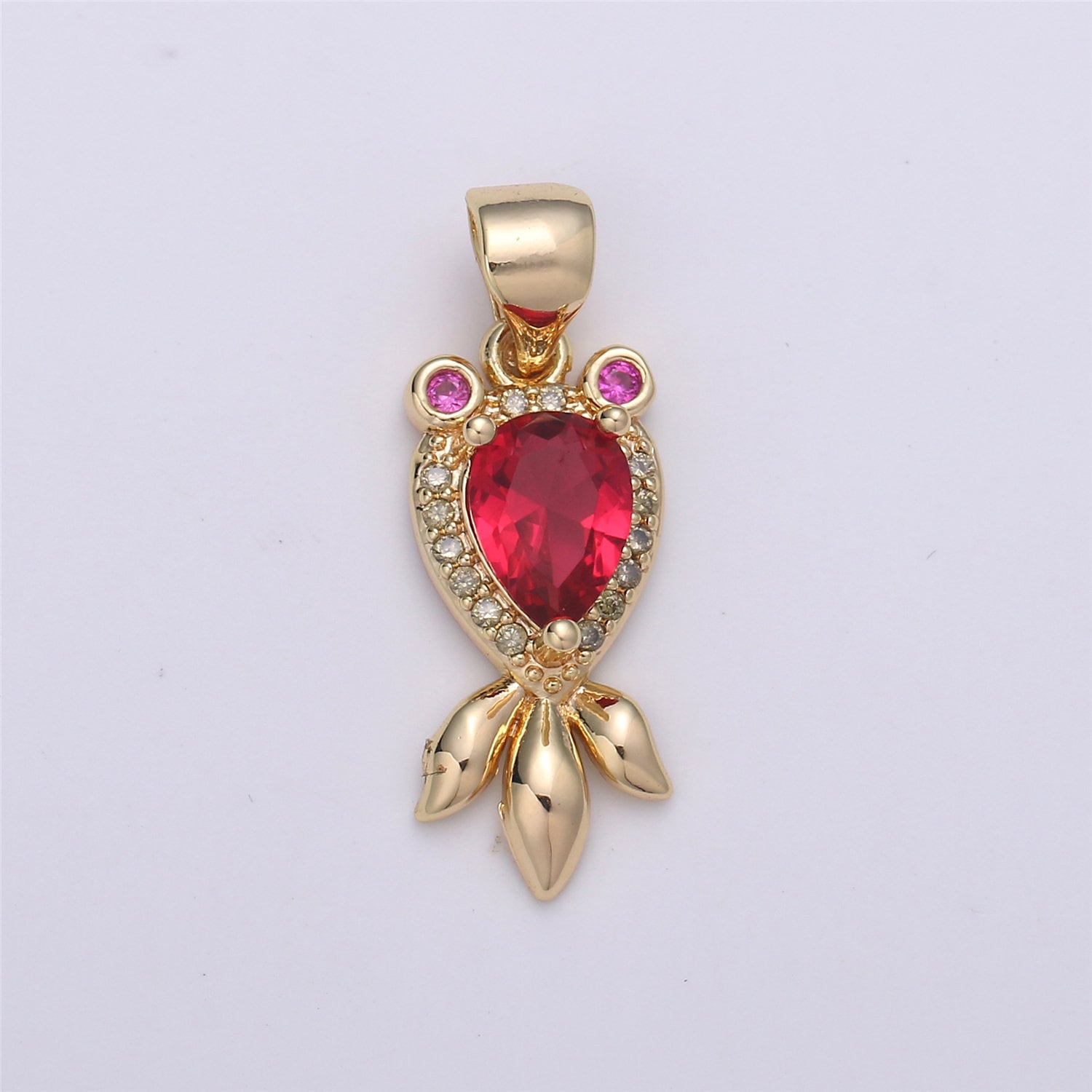 1pc 14k Gold Micro Pave CZ Gold Fish Pendant Charm, Red CZ Pendant Charm, Fish Pendant, For DIY Jewelry