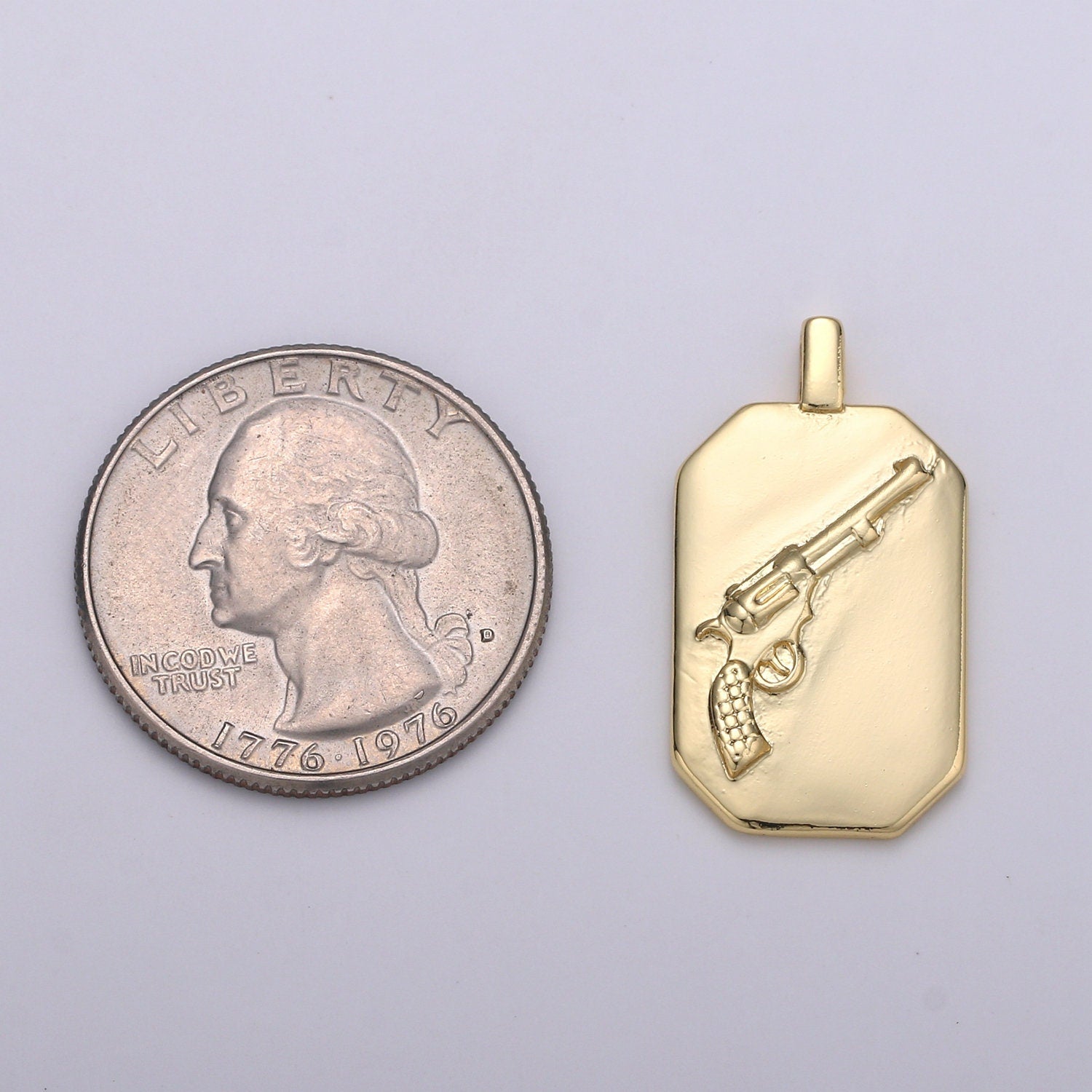 14K Gold Gun Charm- Rectangle Medallion Gun Pendant - Dainty Charm - for Necklace Bracelet Earring Component