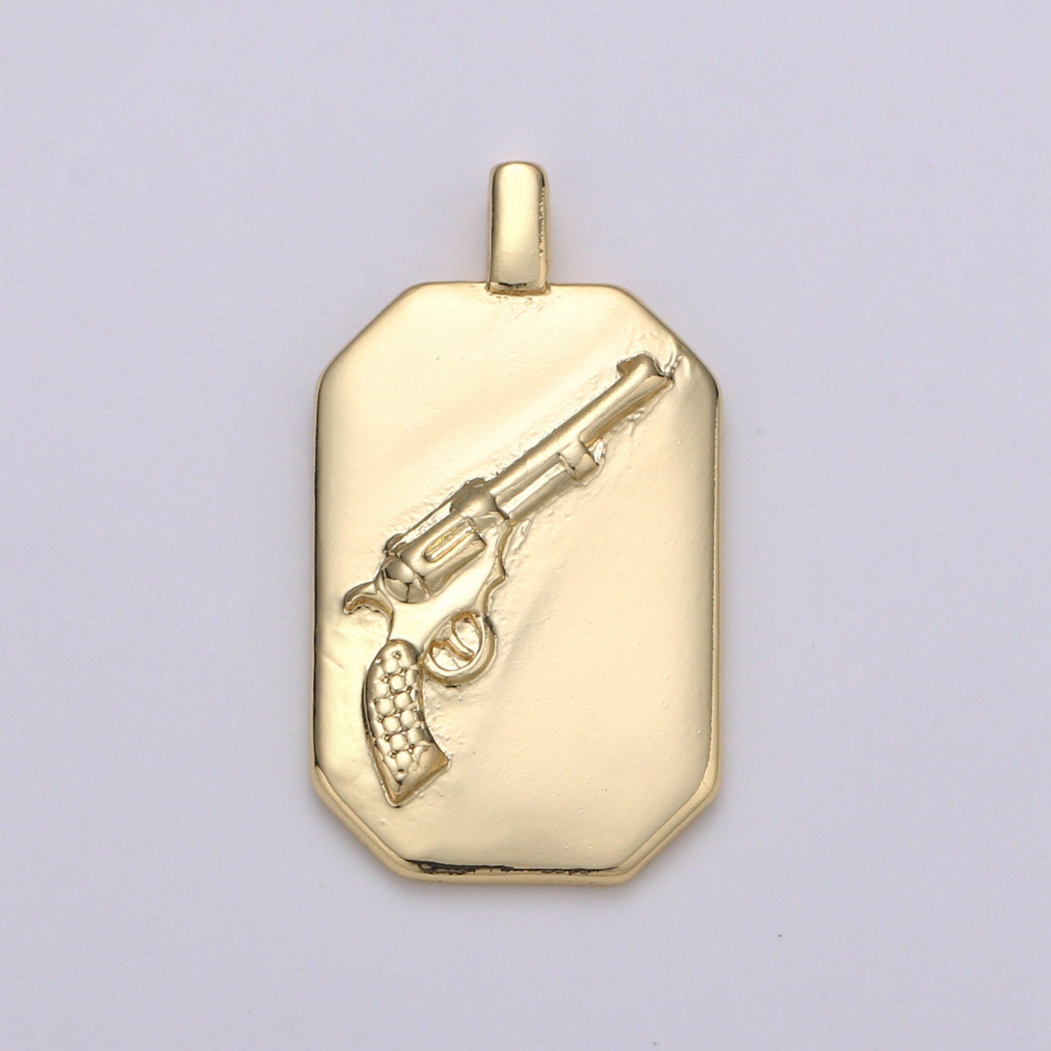 14K Gold Gun Charm- Rectangle Medallion Gun Pendant - Dainty Charm - for Necklace Bracelet Earring Component