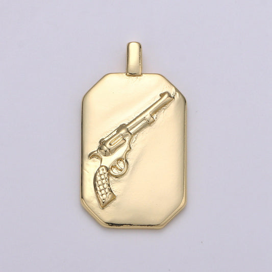 14K Gold Gun Charm- Rectangle Medallion Gun Pendant - Dainty Charm - for Necklace Bracelet Earring Component