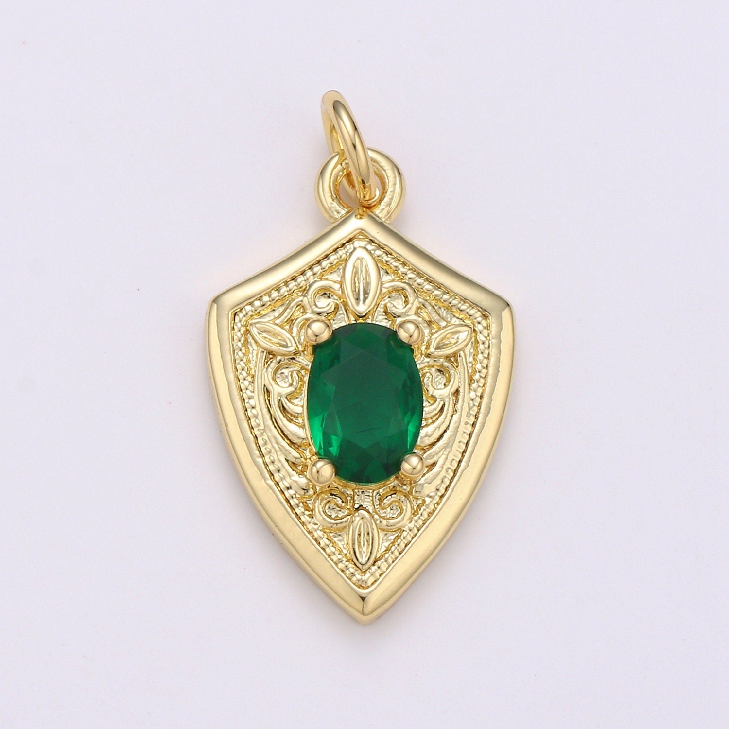 Ruby Cubic Zirconia Charms Pendants-Emerald CZ 14K Gold Medieval Charm, Shield Pendant Necklace Bracelet Supply