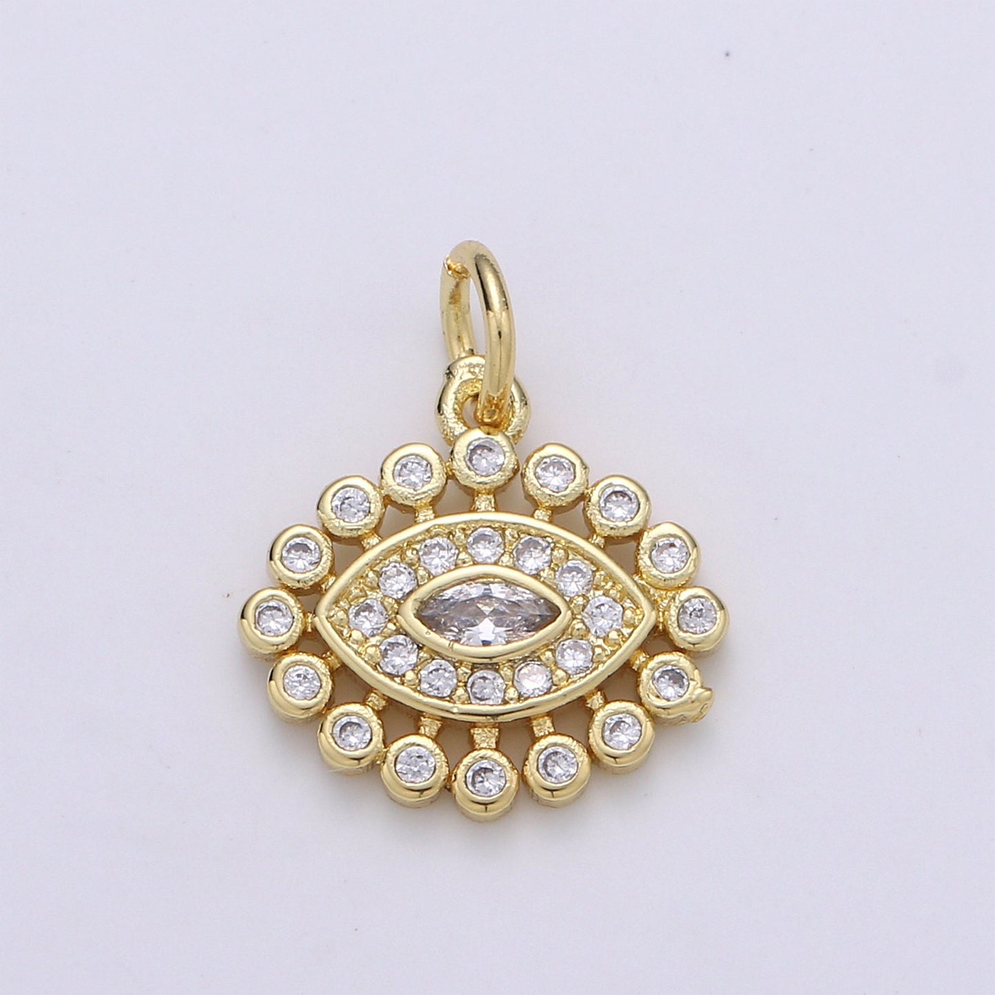 14K ClusterCubicEvil Eye Gold Pendant, Micro Pave Evil Eye Charm, Clear Cubic Charms, CZGold Evil Eye Charm, Sun Burst Jewelry Supply D-223
