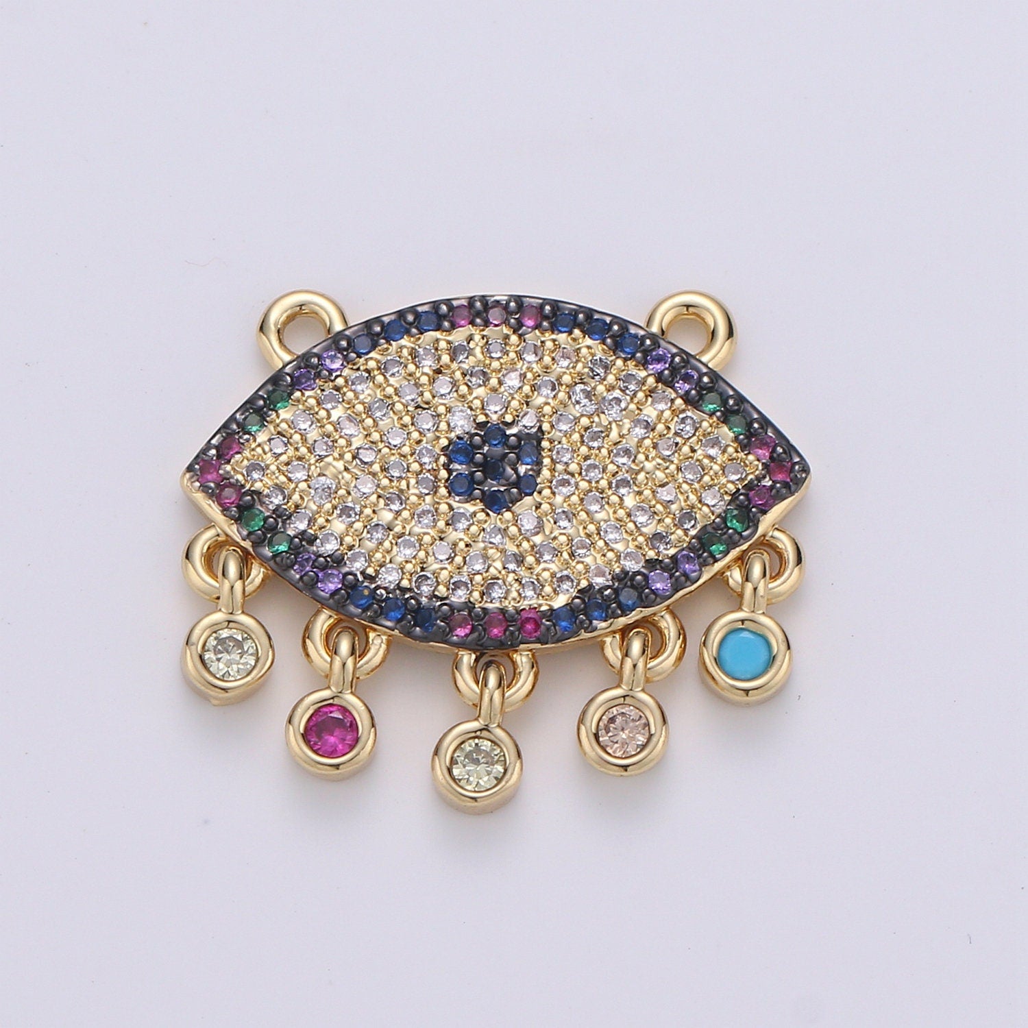 Multi color CZ Micro paved Gold Evil Eye Connectors, Rainbow Nazar Necklace Pendant, Necklace Connector Jewelry Craft Supply, Statement