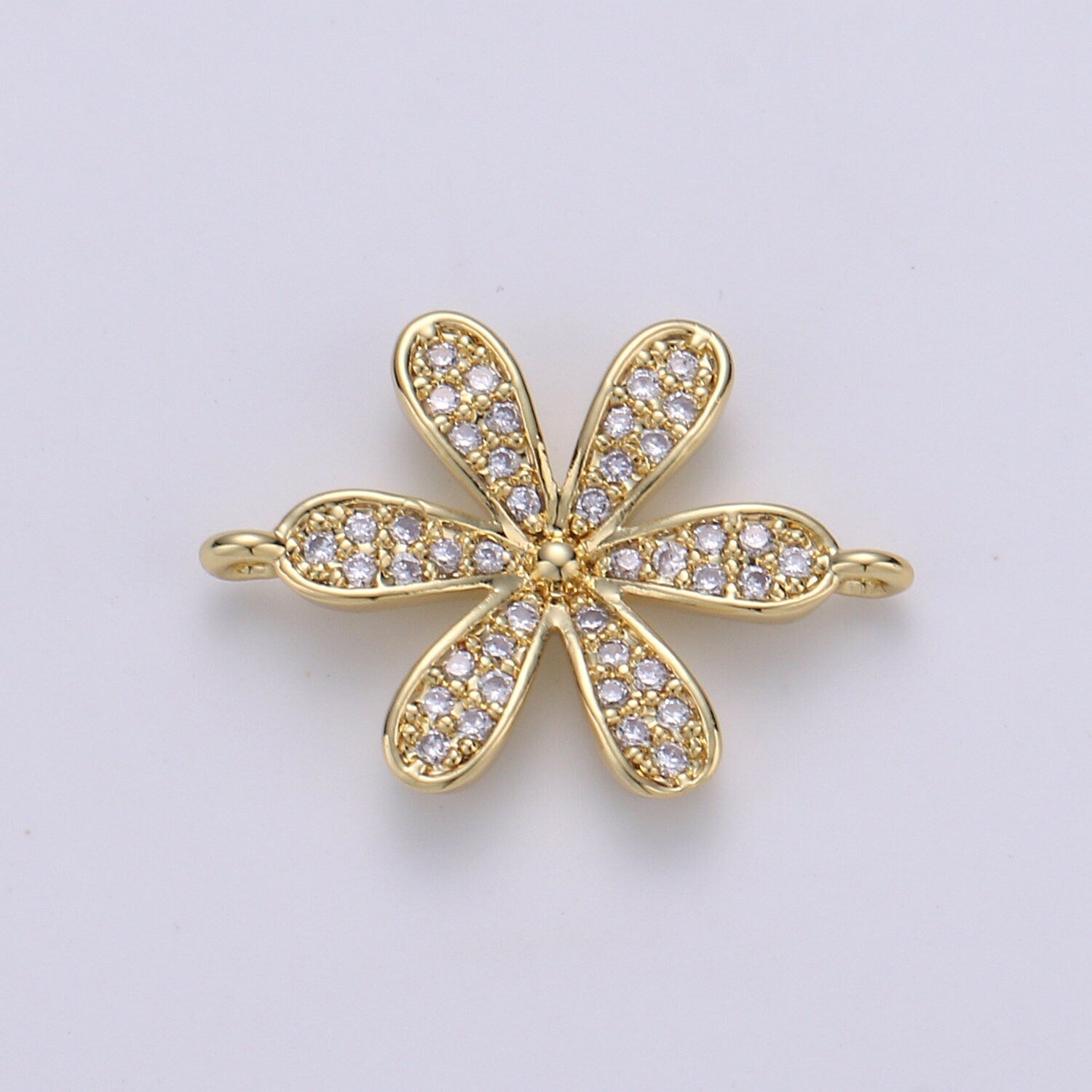 14K Gold CZ paved Connectors, Floral Charm Cubic Micro paved, Petal Jewelry Craft Supply, Spring, Jasmine, Nature Lover Gift