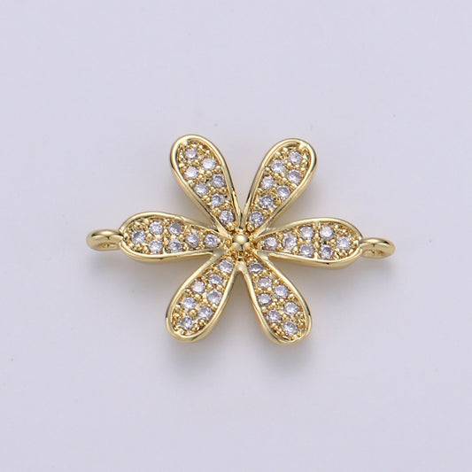 14K Gold CZ paved Connectors, Floral Charm Cubic Micro paved, Petal Jewelry Craft Supply, Spring, Jasmine, Nature Lover Gift
