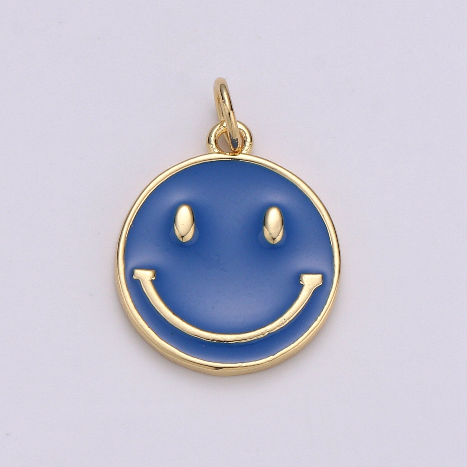 1pc Blue Enamel Happy Face Charm, Gold Enamel Happy Face Charms, Blue Happy Face in Gold Round Charm, Dainty Smile charm, Enamel Charm