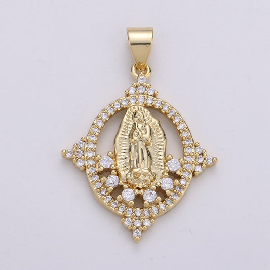 14K Gold Micro Pave CZ Charm, Bless Mother Mary Pendant, Cluster CZ Pendant Craft Supplies For Necklace Bracelet Jewelry Making