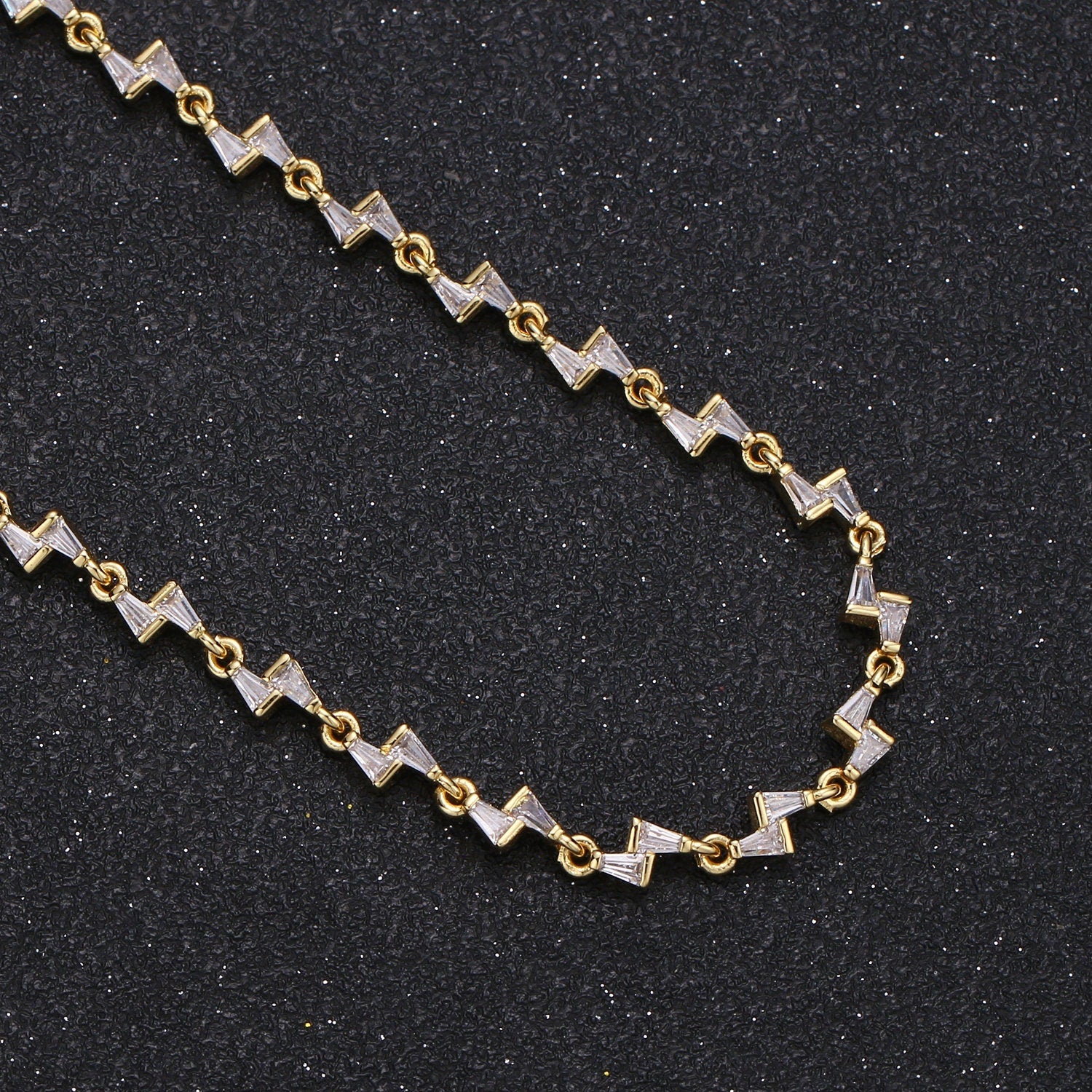 24K Gold Baguette CZ Bow Tie Chain, Lighting Cubic Chain, Dainty Specialty Link Chain by Foot, Chain size 10mmx4.2mm,Roll-317