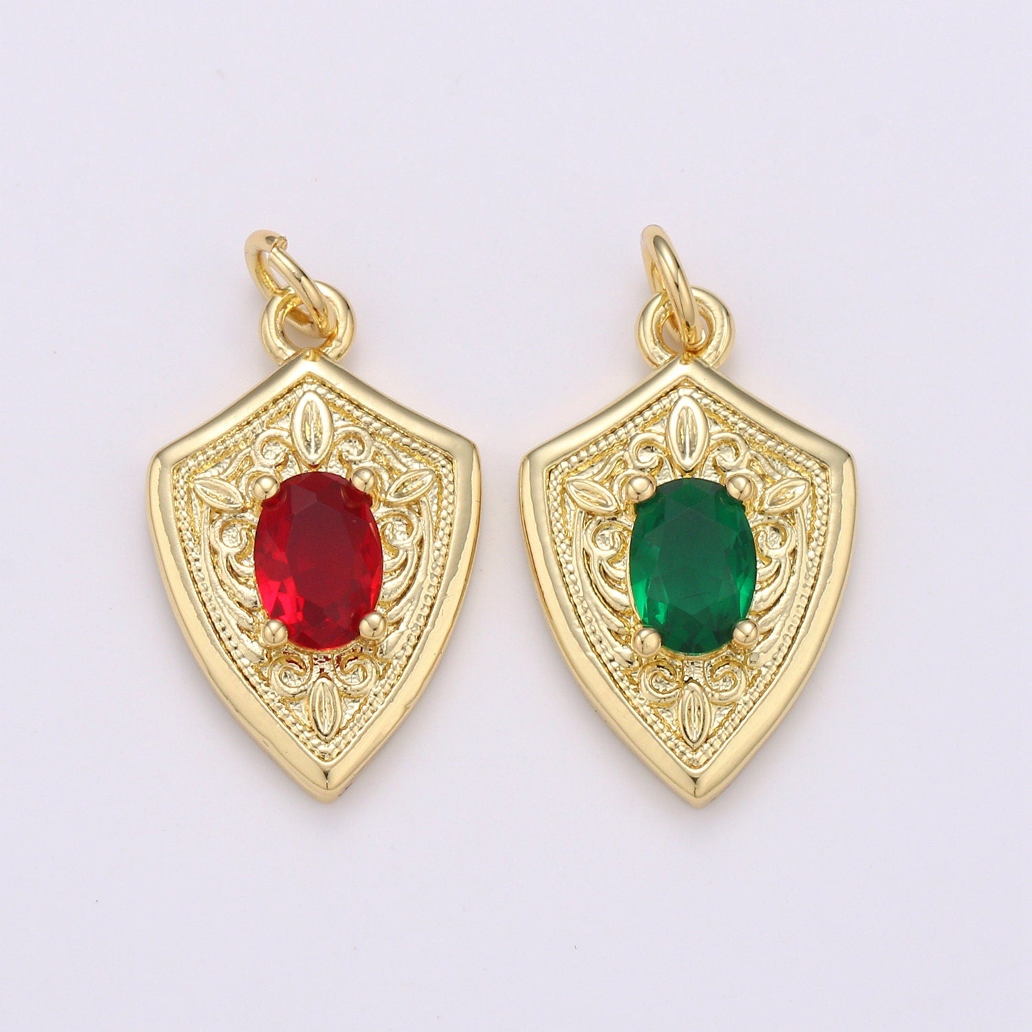 Ruby Cubic Zirconia Charms Pendants-Emerald CZ 14K Gold Medieval Charm, Shield Pendant Necklace Bracelet Supply