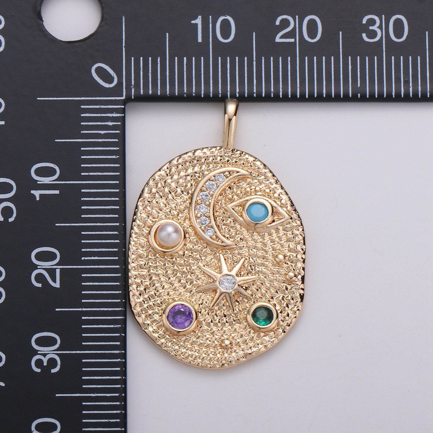 Pearl and Multi color CZ Planet in the Ovum Universe Pendant 14K gold Charm, Star, Cresent Moon, Galaxy, DIY Jewelry Necklace making