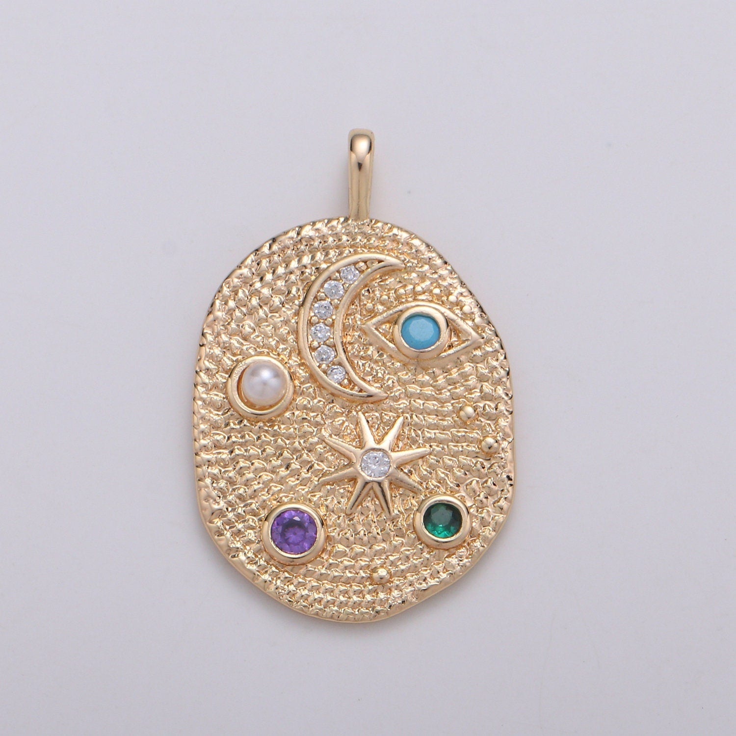 Pearl and Multi color CZ Planet in the Ovum Universe Pendant 14K gold Charm, Star, Cresent Moon, Galaxy, DIY Jewelry Necklace making
