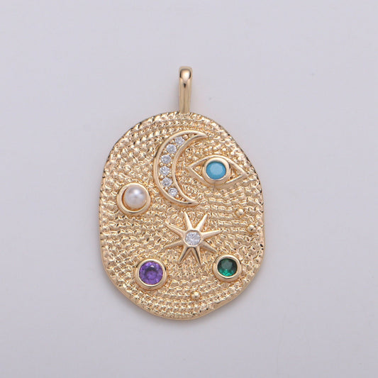 Pearl and Multi color CZ Planet in the Ovum Universe Pendant 14K gold Charm, Star, Cresent Moon, Galaxy, DIY Jewelry Necklace making