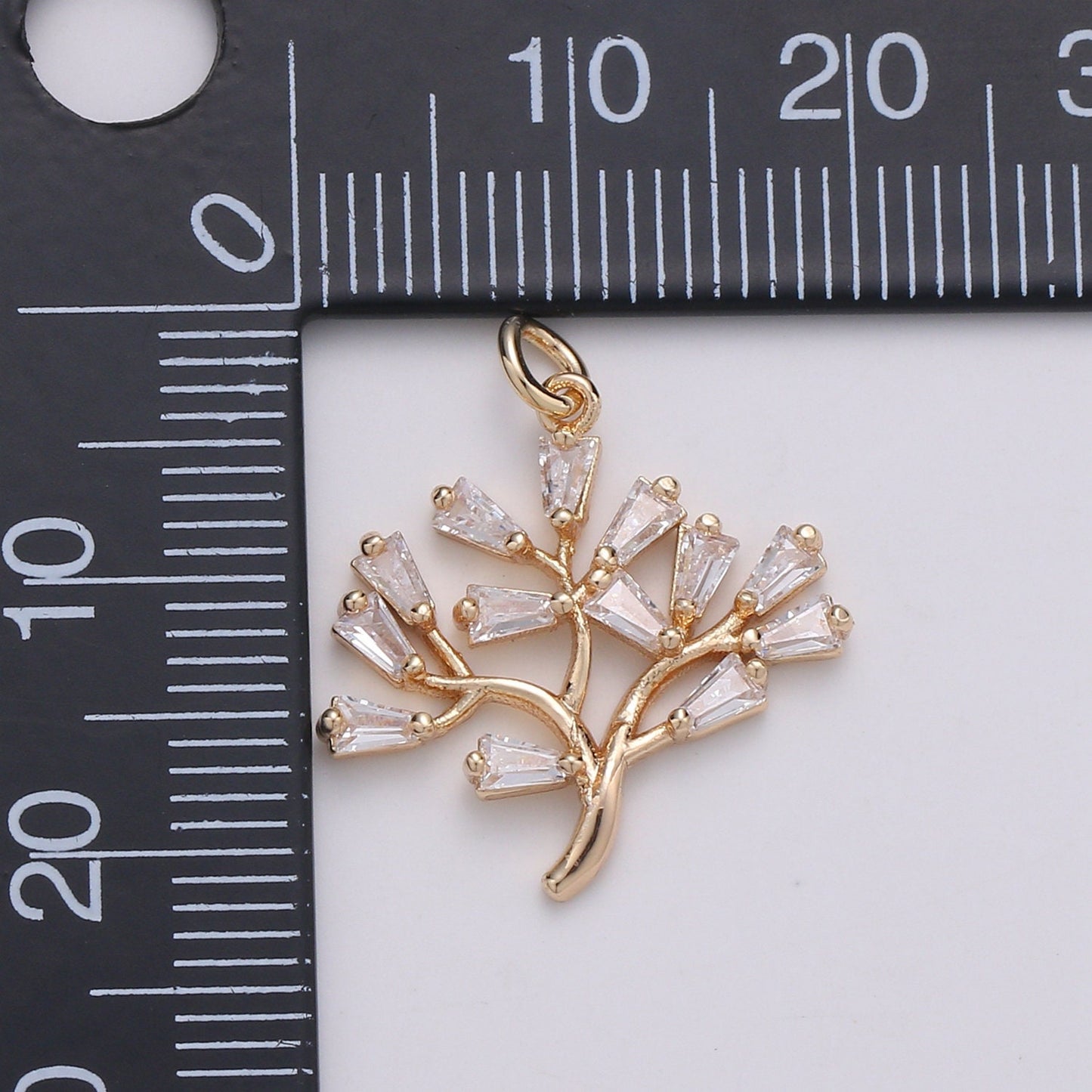 1x 18K gold Baguette CZ The Solitary Tree Charms, Lonely Tree Clear Cubic Pendant, Baguette Cubic Zirconia Charm