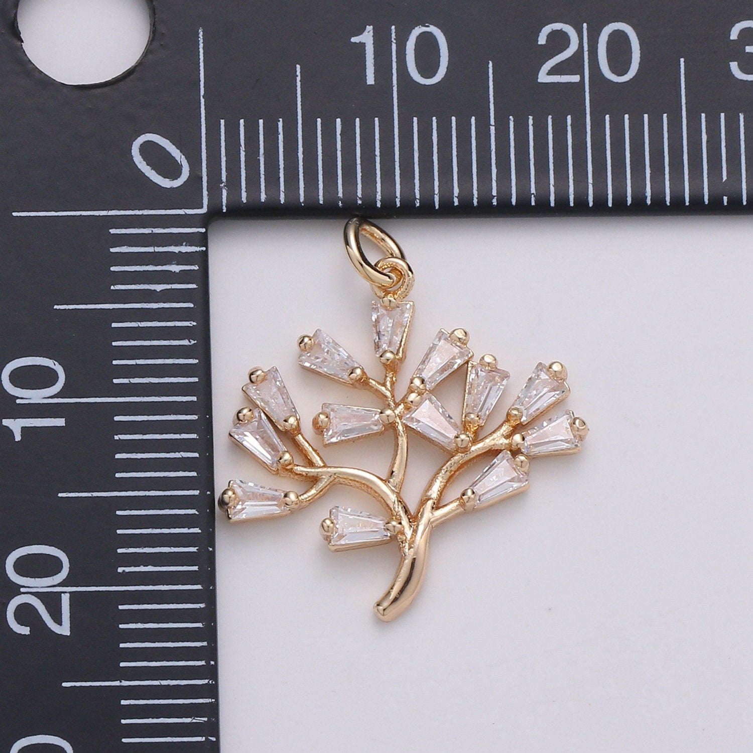 1x 18K gold Baguette CZ The Solitary Tree Charms, Lonely Tree Clear Cubic Pendant, Baguette Cubic Zirconia Charm