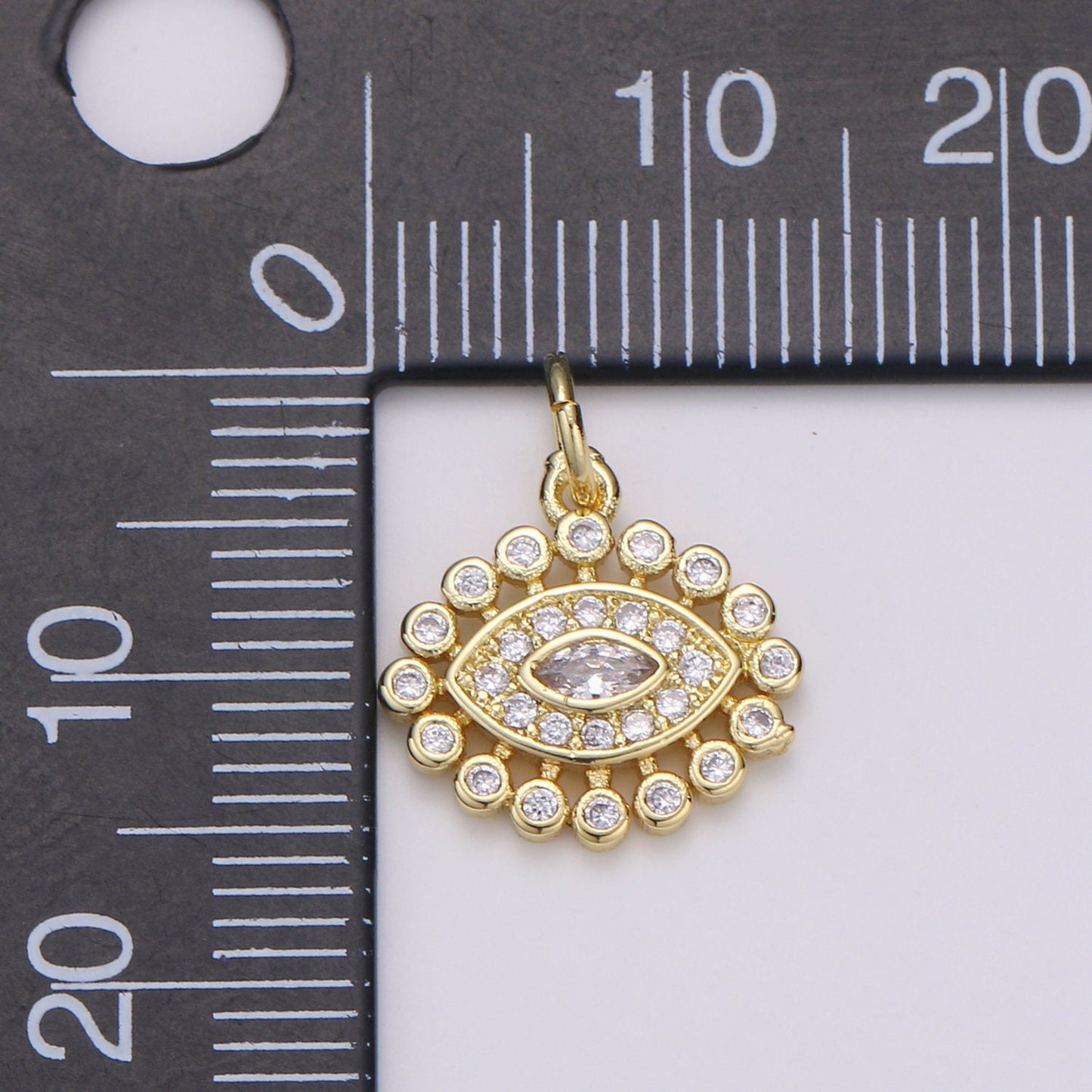 14K ClusterCubicEvil Eye Gold Pendant, Micro Pave Evil Eye Charm, Clear Cubic Charms, CZGold Evil Eye Charm, Sun Burst Jewelry Supply D-223
