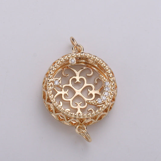 1pc18K Filligree Essential Oil Diffuser, Cresent Moon, Star, Planet Gold Plated Micro Pave CZ Connector Micro Pave CZ Bracelet Connector