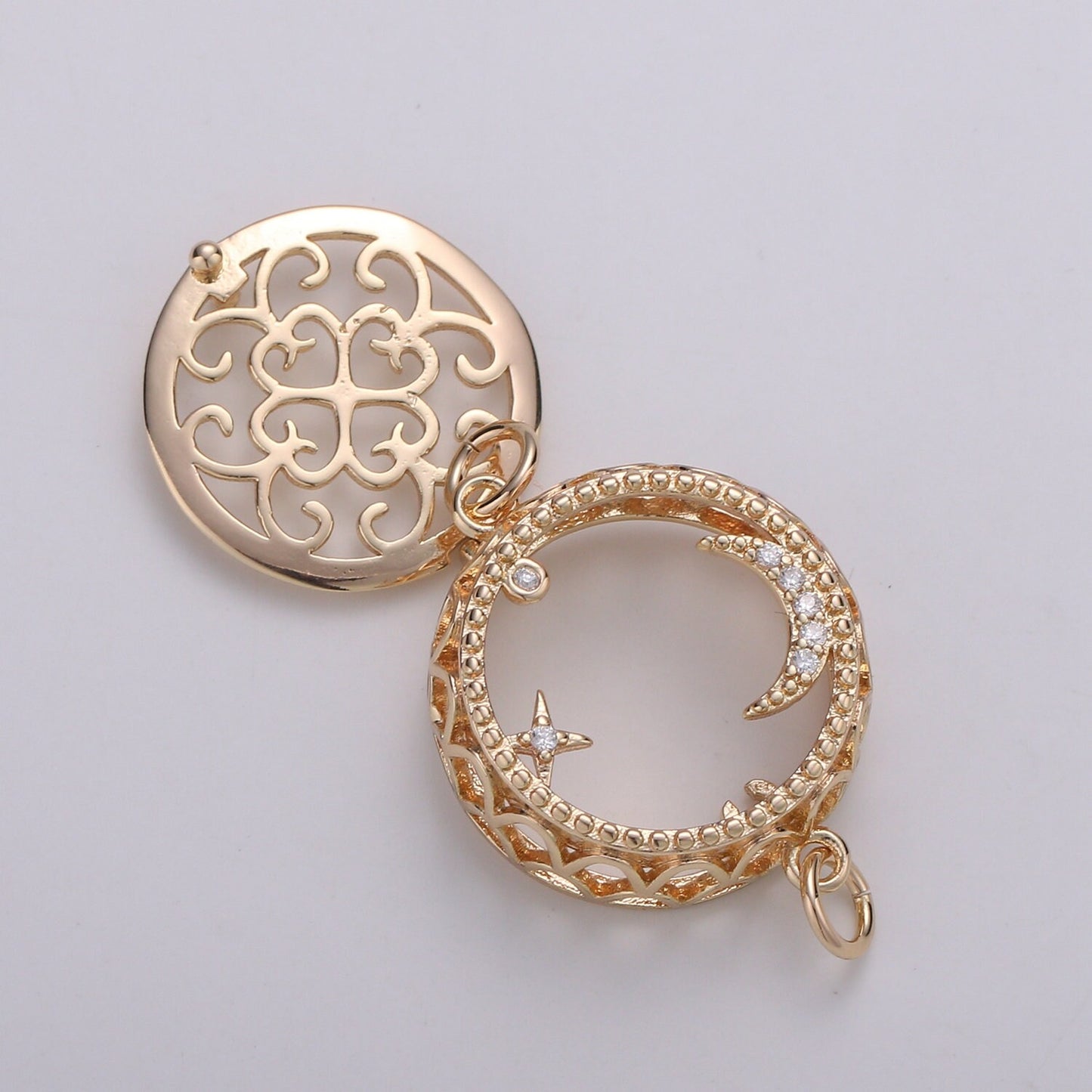 1pc18K Filligree Essential Oil Diffuser, Cresent Moon, Star, Planet Gold Plated Micro Pave CZ Connector Micro Pave CZ Bracelet Connector
