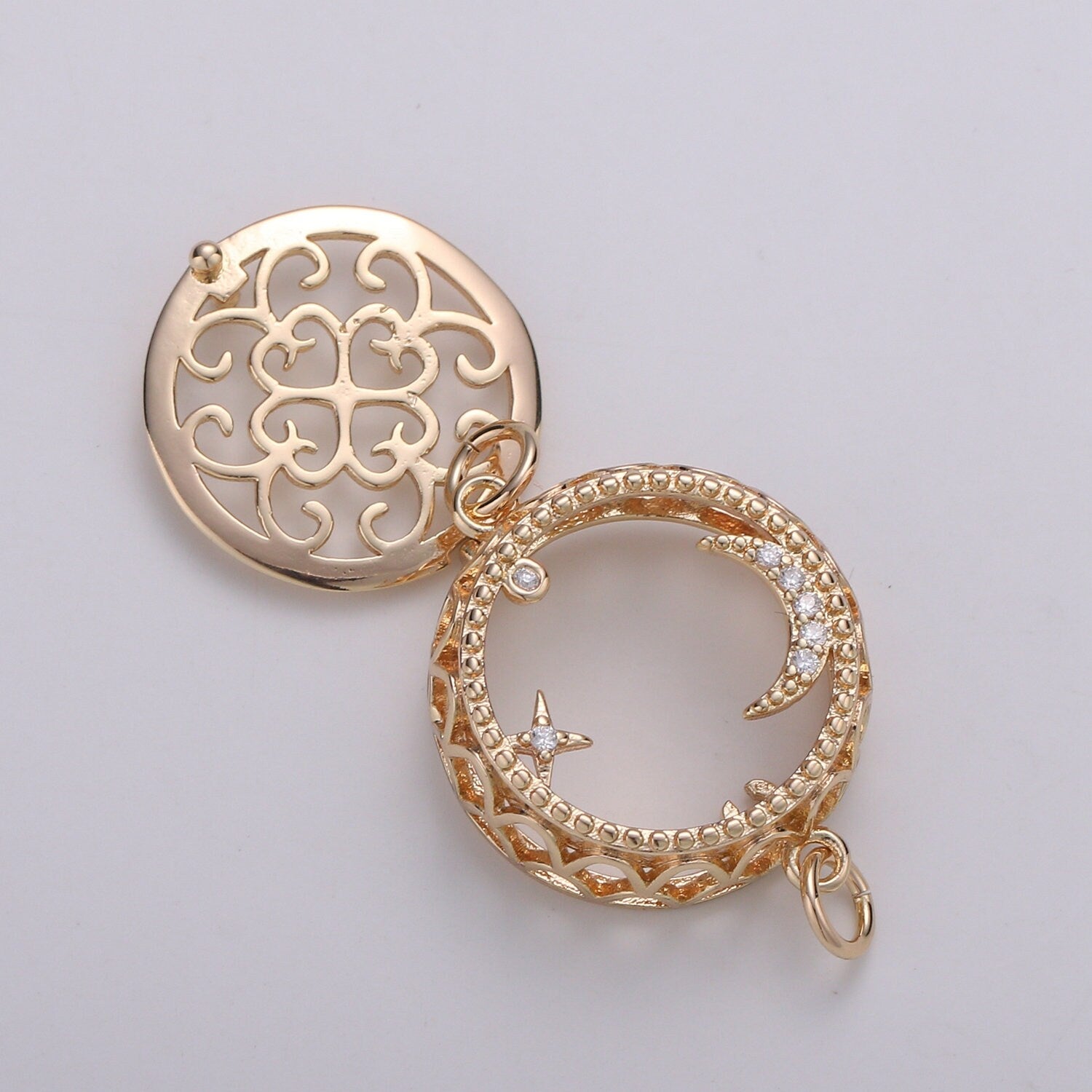 1pc18K Filligree Essential Oil Diffuser, Cresent Moon, Star, Planet Gold Plated Micro Pave CZ Connector Micro Pave CZ Bracelet Connector