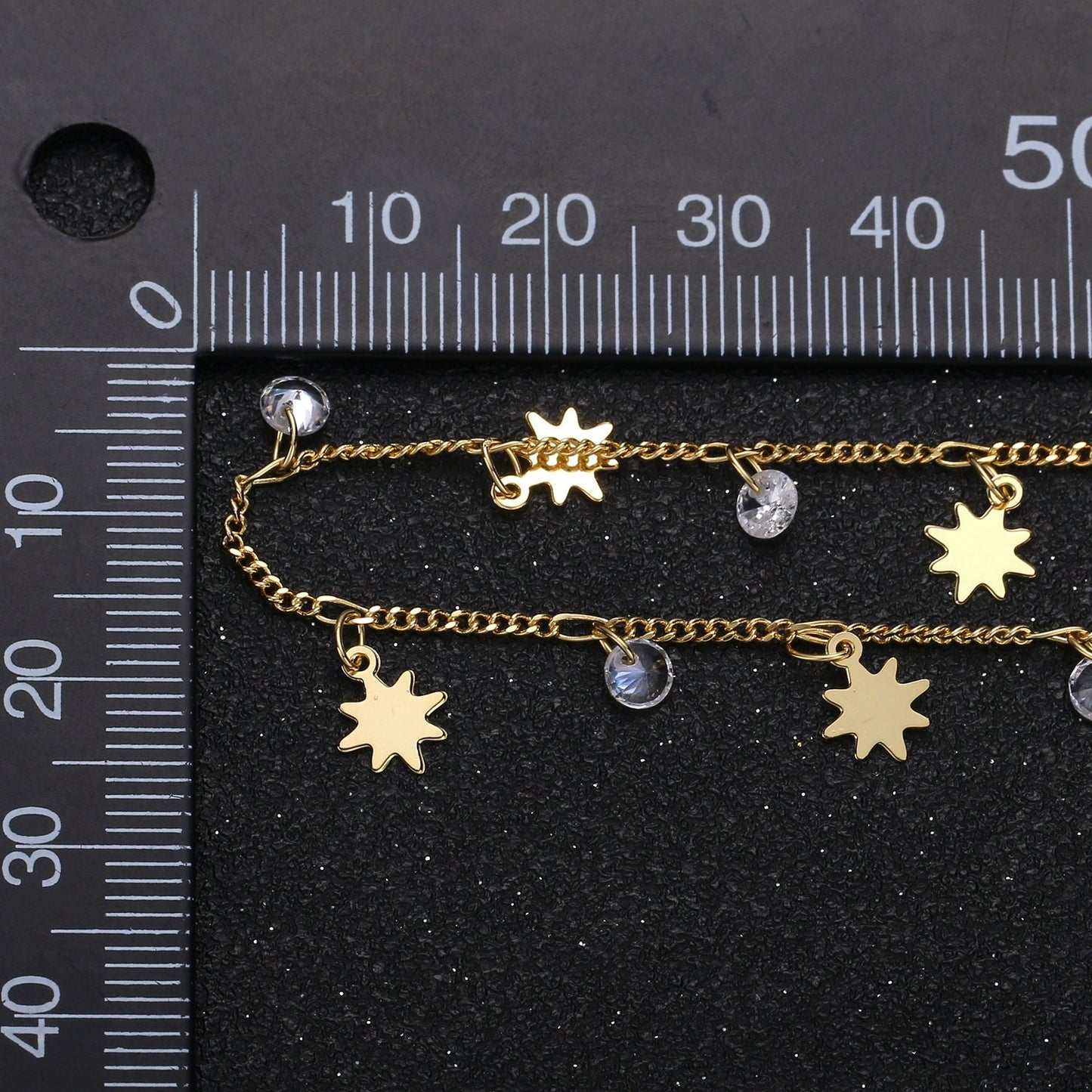 North Star 24K Gold Cubic Chain by Yard, Polaris CZ Charm Specialty Link Chain by Foot, Star 6.8mm x6.8mm Chain 0.7mm Thick,Roll-324