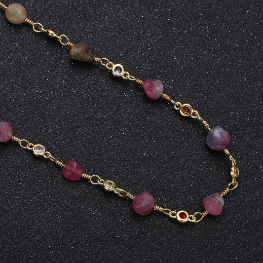 Rhondonite Rosary Beaded Chain Wire Wrapped Cz Chain, Gold Filled Chain Natural Gemstone Chain Wholesale Unfinished Chain for Jewelry Supply