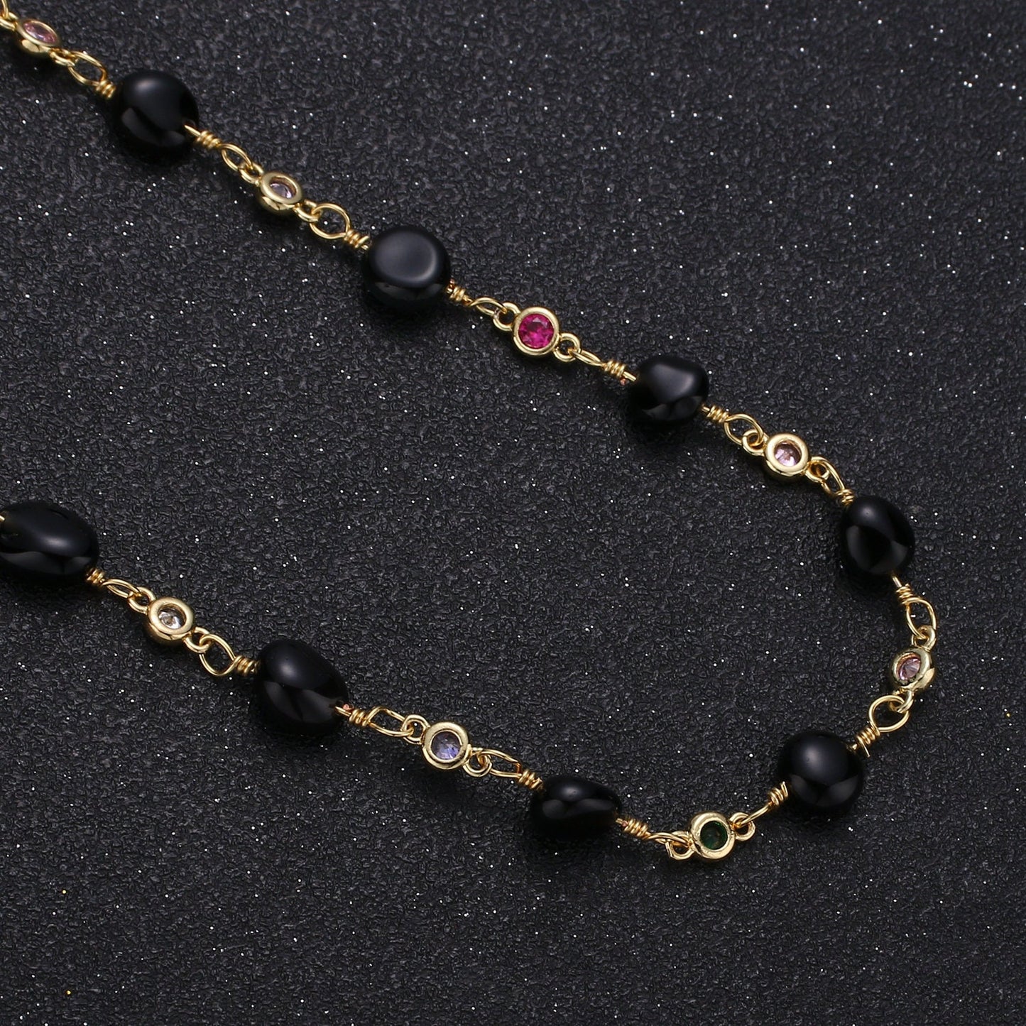 Onyx Micro Pave Charm 24K Gold Chain by Yard,Cubic Round Charm Chain by Foot, Semiprecious Stone Onyx Chain, Roll-329