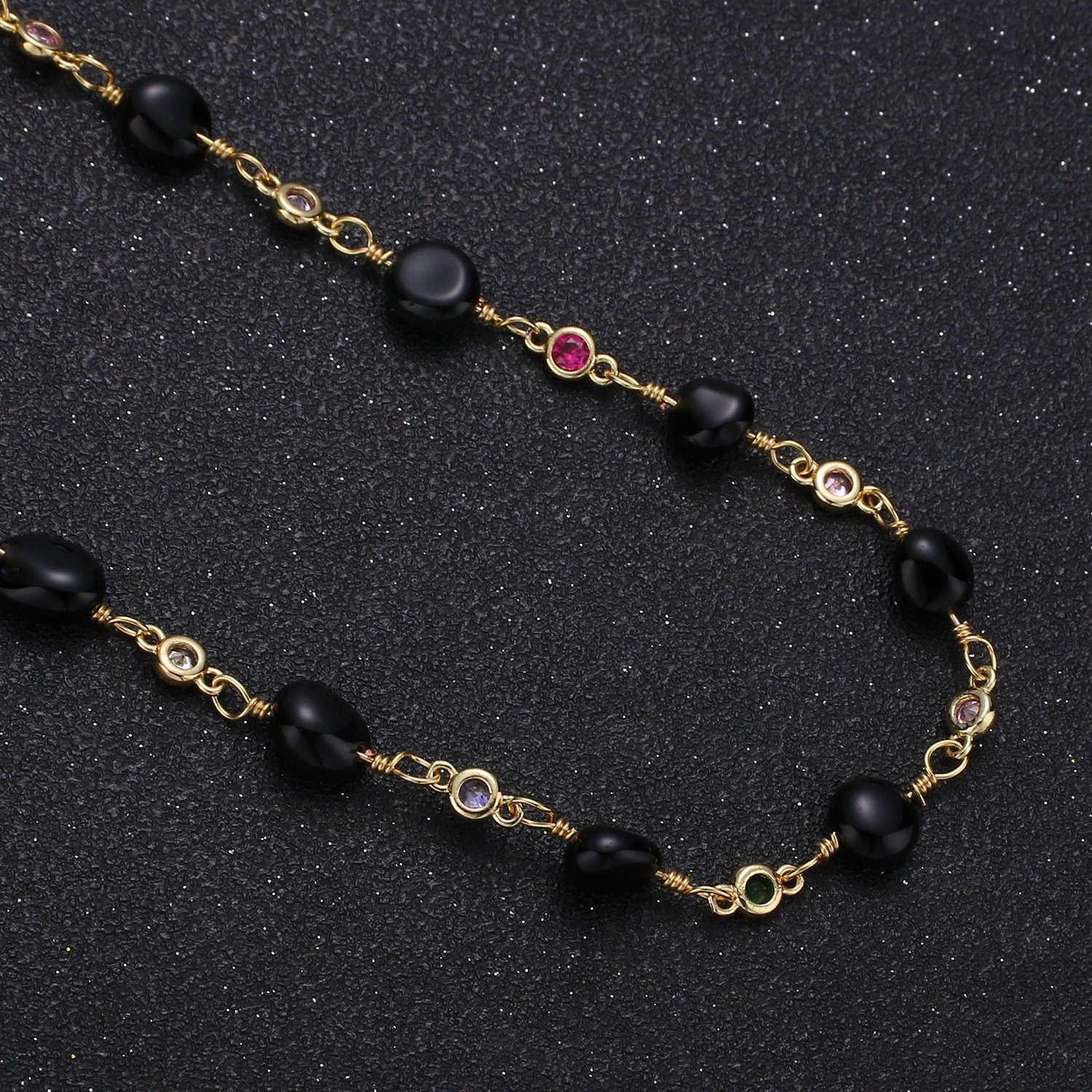 Onyx Micro Pave Charm 24K Gold Chain by Yard,Cubic Round Charm Chain by Foot, Semiprecious Stone Onyx Chain, Roll-329