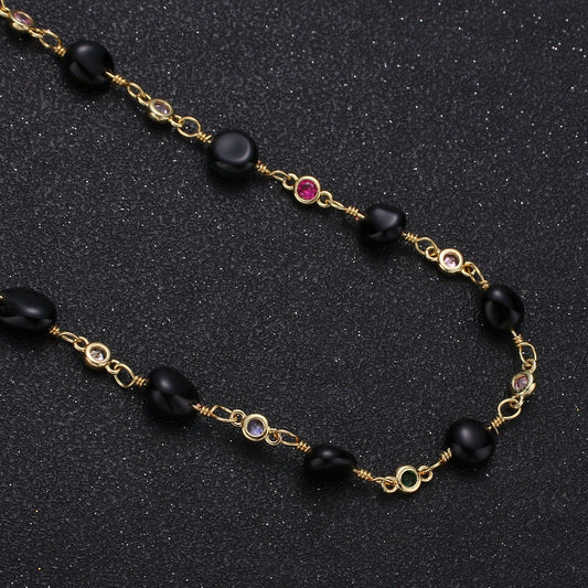 Onyx Micro Pave Charm 24K Gold Chain by Yard,Cubic Round Charm Chain by Foot, Semiprecious Stone Onyx Chain, Roll-329