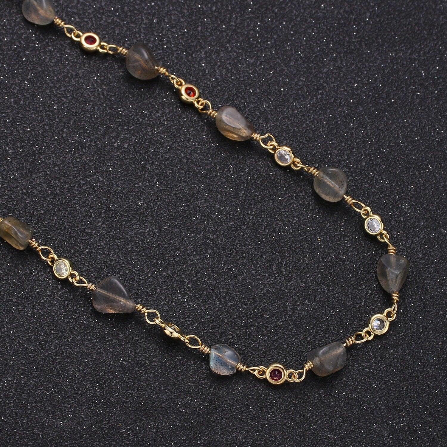 Labradorite Rosary Beaded Chain Wire Wrapped Cz Chain Gold Filled Chain Natural Gemstone Chain Wholesale Unfinished Chain for Jewelry Supply